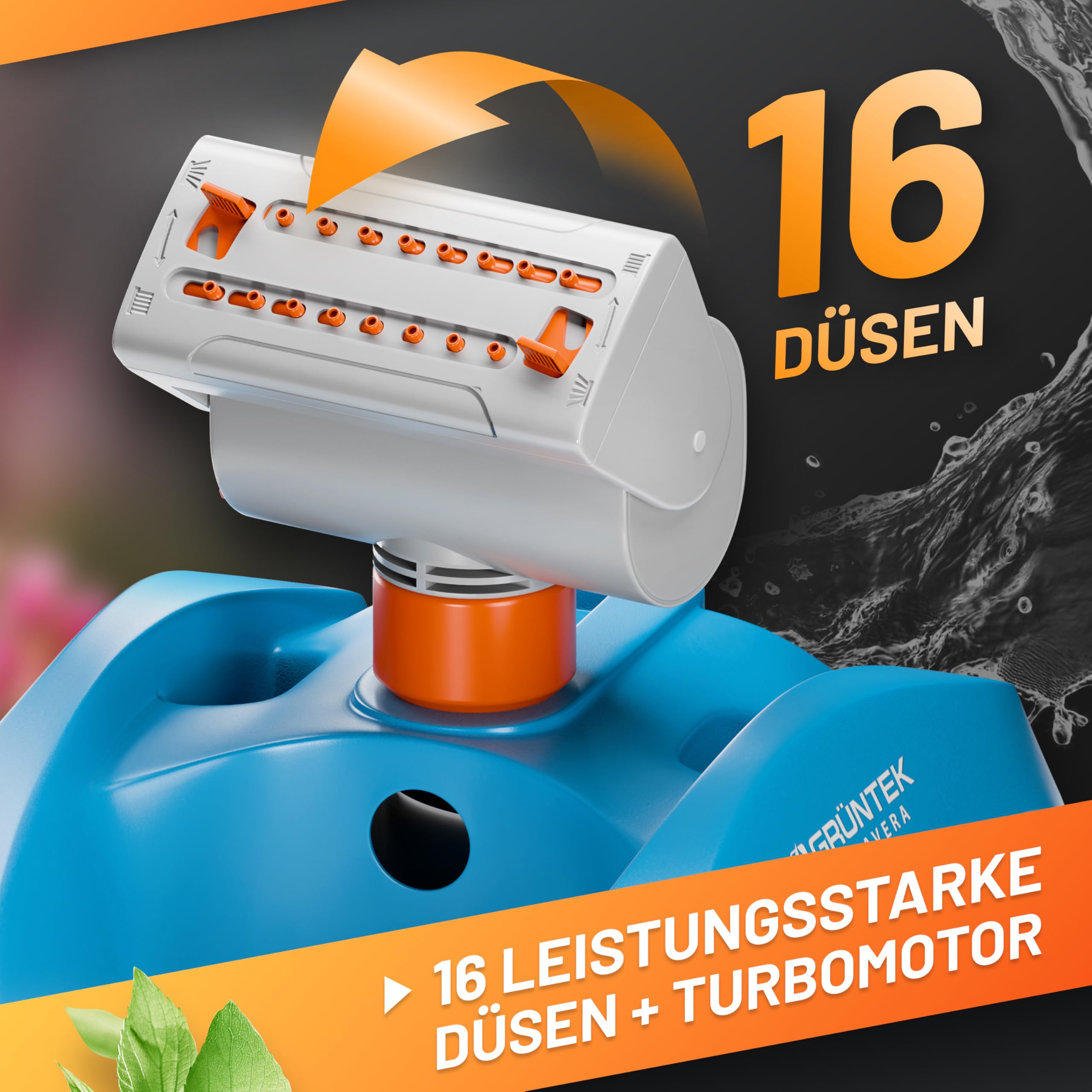 Robuster GRÜNTEK Oszillationssprinkler mit Turbo-Motor – Viereckregner mit 16-Düsen Bewässerungssystem, bruchfester ABS-Kunststoff, für gleichmäßige Beregnung großer Flächen