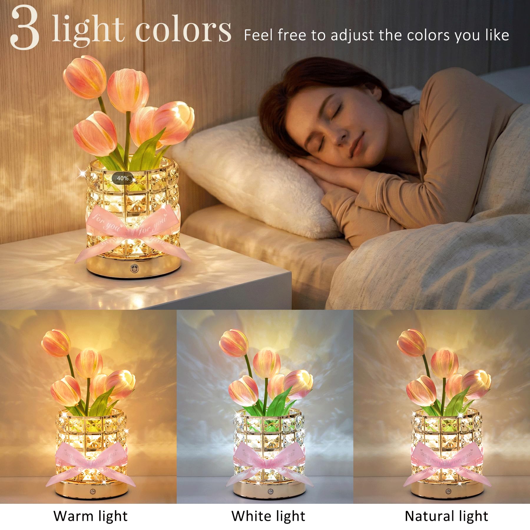 Tulpen-Licht, LED-Dekorationslampe, künstliche Tulpen, Schlafzimmer, Blumentischlampe, 3-farbiges dimmbares Nachtlicht mit USB-Aufladung, Geschenk für Mutter, Valentinstag, Muttertag,