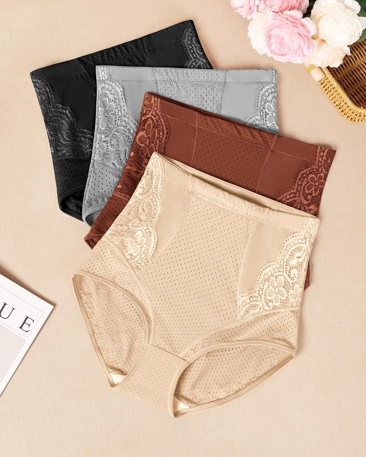 Women's Underwear 4 Pack High Waisted Ladies Panties Lace Nylon Breathable Postpartum Briefs Full Coverage - Image 2
