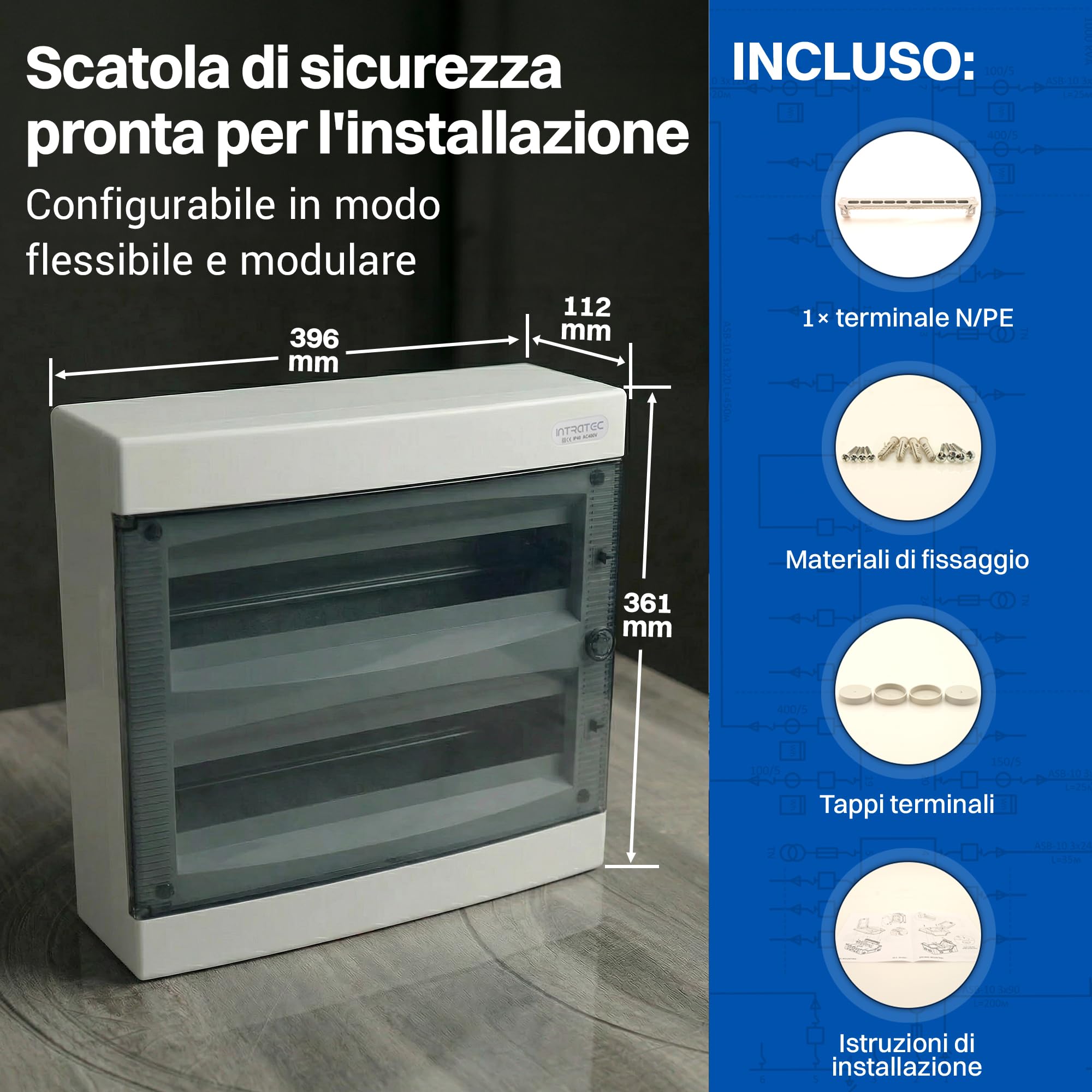 Intratec Centralino da Incasso Esterno 2 Fila – IP40 Quadro Elettrico per 36 Moduli con Porta Bianca per Facile Installazione in Casa e in Ambienti Professionali – 361 x 396 x 112 mm