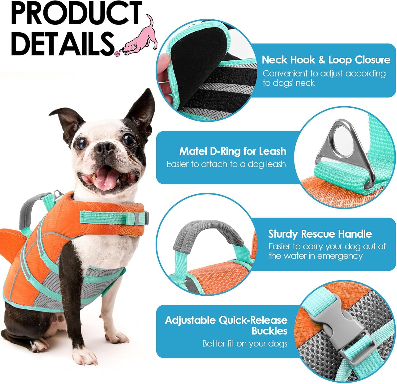 AOFITEE Small Dog Life Jacket, Shark Life Jackets for Swimming Boating, Reflective Dog Swimming Vest with High Buoyancy, Pet Life Preserver with Handle for French Bulldog, Pet Lifesaver (Orange S)