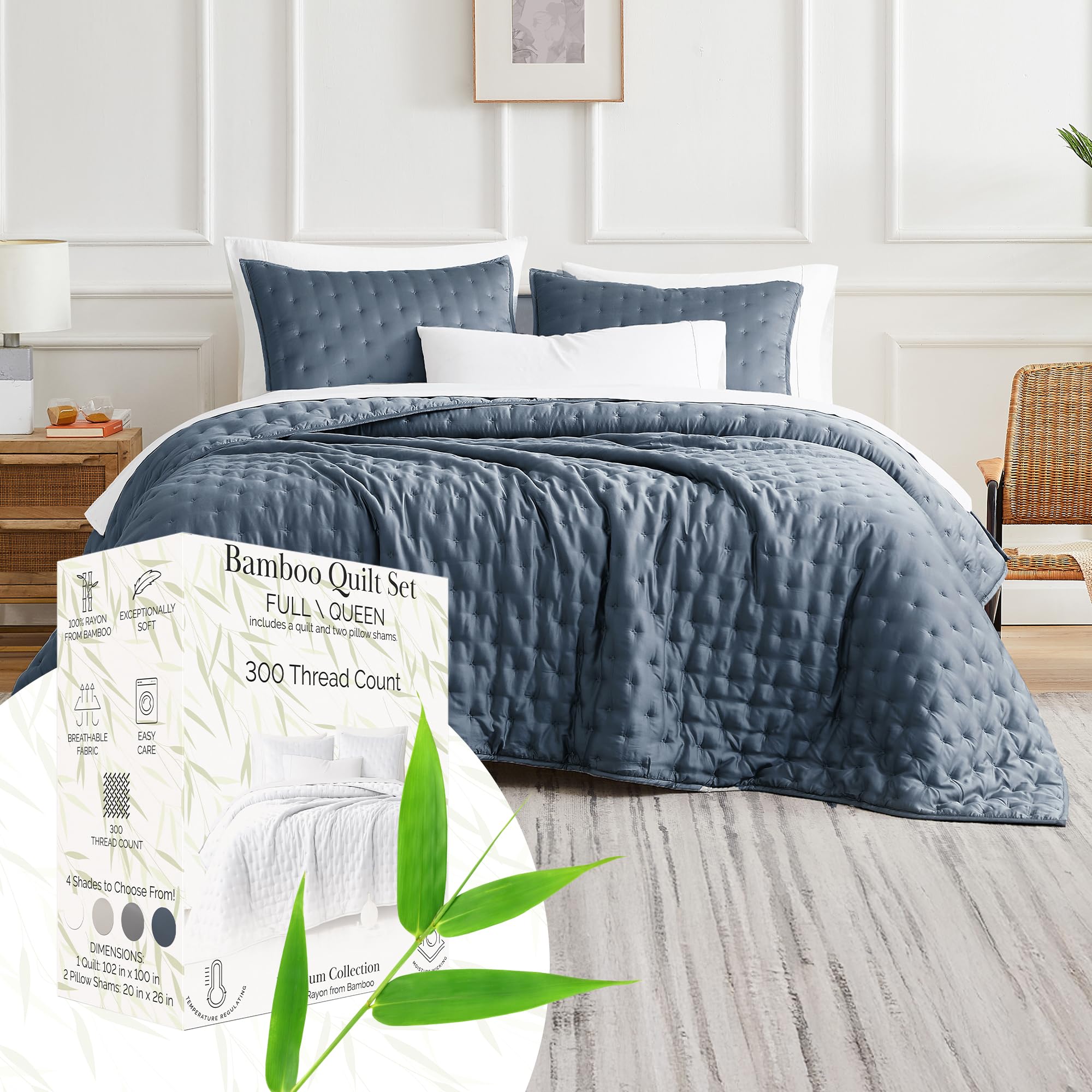 Copripiumino Southshore Bambù - Queen Size, 300 Fili, Set Con 2 Federe, Bianco