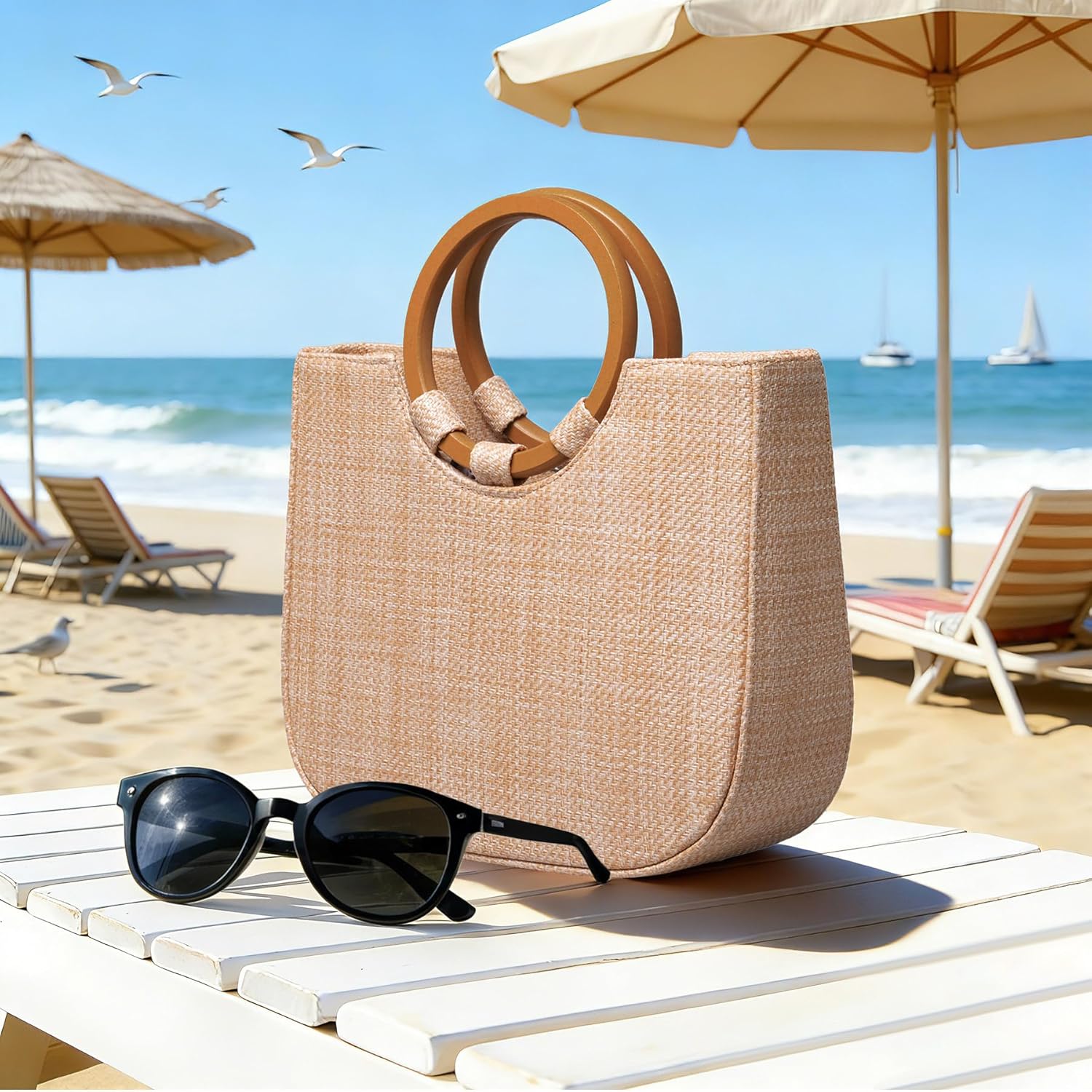 Larcenciel Beach Tote Bag with Round Wooden Handle, Hand Woven Straw Bags for Women & Detachable Shoulder Strap, Summer Boho Basket Crossbody Shoulder Bag for Vacation Holiday Travel, 13.8×9.7×3.5in | straw woven