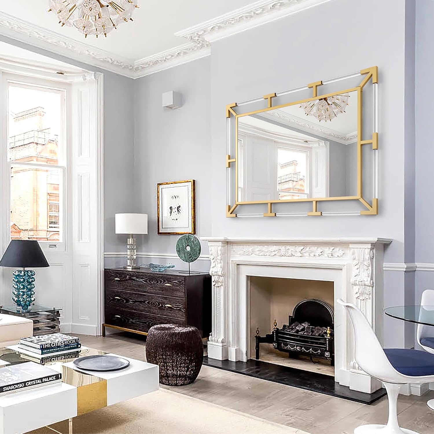 Chende 36" x 48" Large Wall Mirror for Living Room, Gold Decorative Mirror with Crystal Acrylic and Metal Frame, Modern Rectangular Metal Wall Decor, Gorgeous Unique Design for Gifts