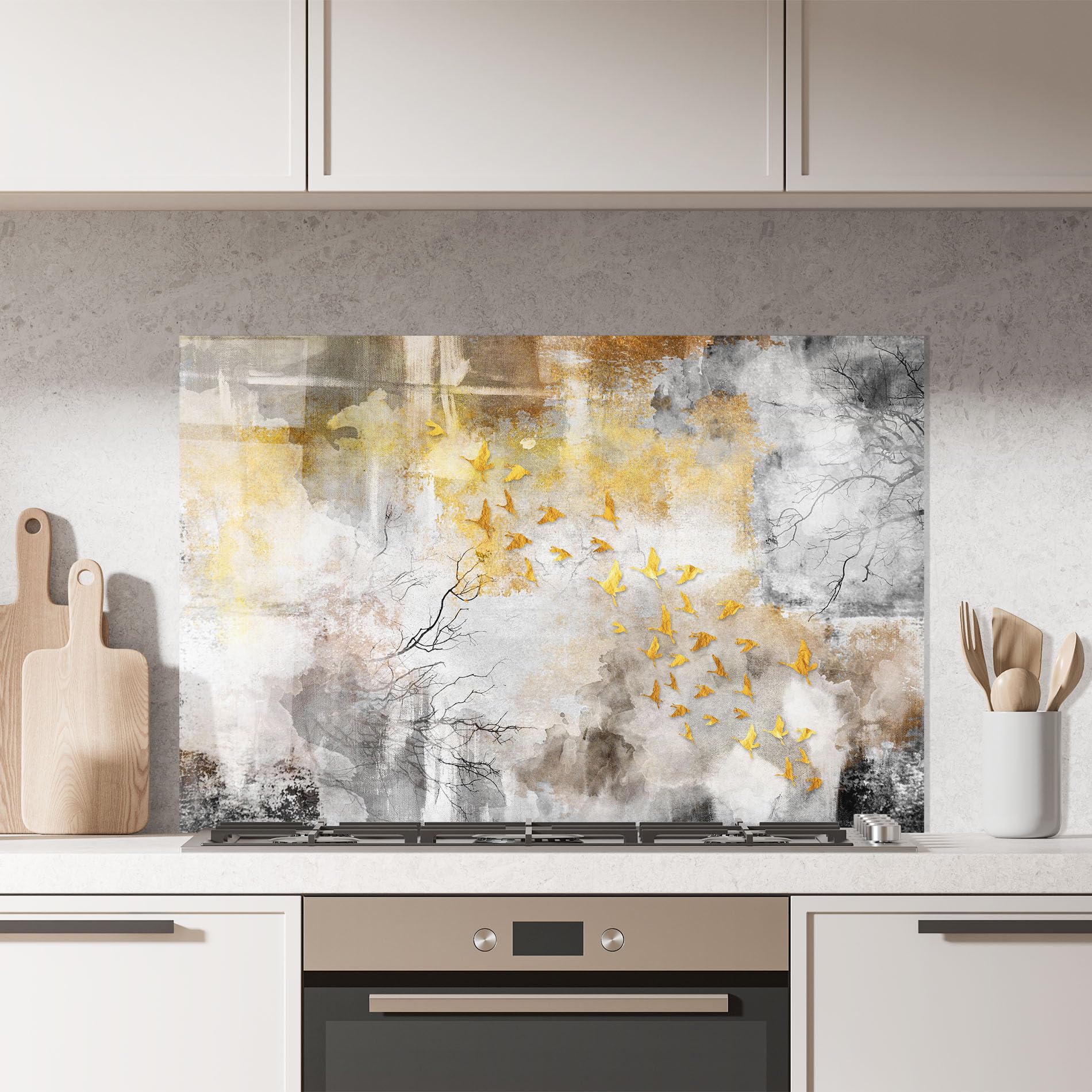 ARTHUB® Crédence de Cuisine en Verre 60x100 cm, Gold Birds Flying | Protection Contre Les éclaboussures, Revêtement Mural en Carreaux, Plaque en Verre, Verre trempé, Abstrait, Art Abstrait