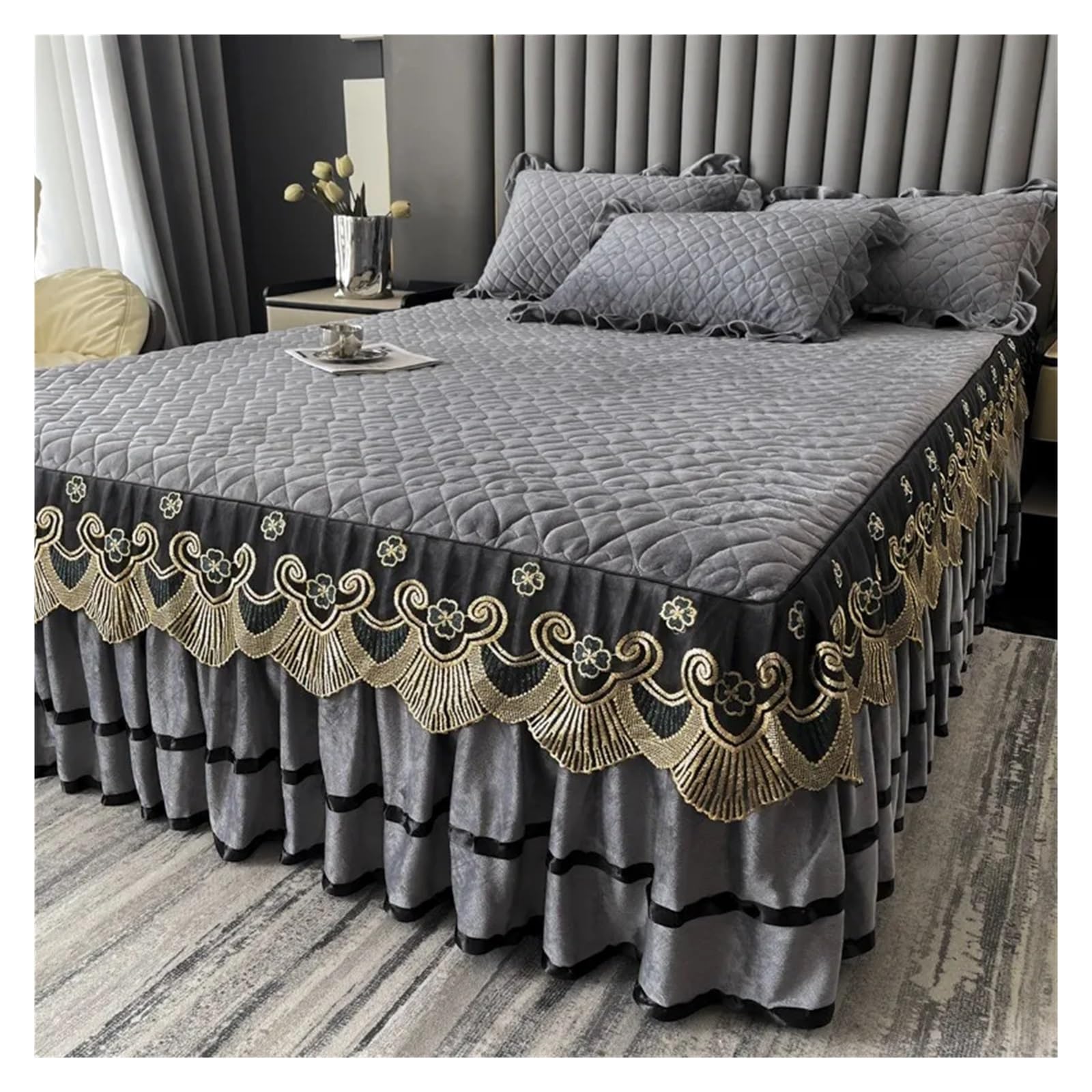 Falda de cama gruesa y acolchada cálida, colcha cálida de terciopelo de cristal for invierno, Funda de colchón de encaje doble antideslizante de Coral con fundas de almohada(Colour4,3 Pcs 180cmx200cm)