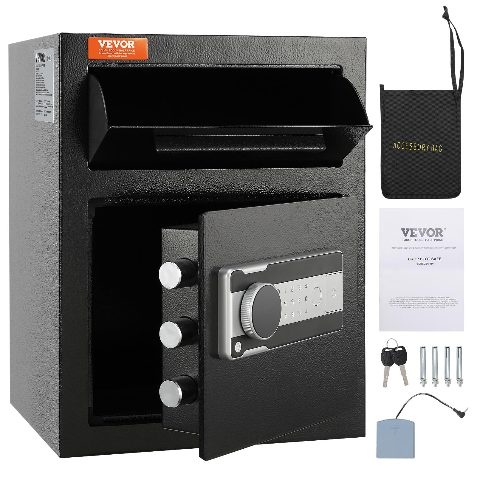 VEVOR 1,7 C Coffre-Fort avec Serrure Électronique de Dépôt, Acier Laminé à Froid Coffre-Fort à Trappe Déverrouillage par Mot de Passe 3-12 Chiffres & Clés pour Argent Doc Domicile Noir 450x350x300mm