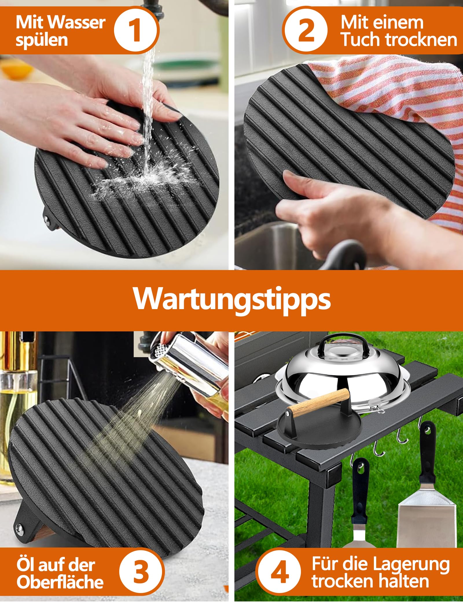Kit Accessori Barbecue con Grande Pressa Hamburger, Spatola Cucina Acciaio Inox, Spatole per Hamburger, Burger Dome, BBQ Regali per Uomini, Smash Burger Press Set Professionali per Planchas Teppanyaki