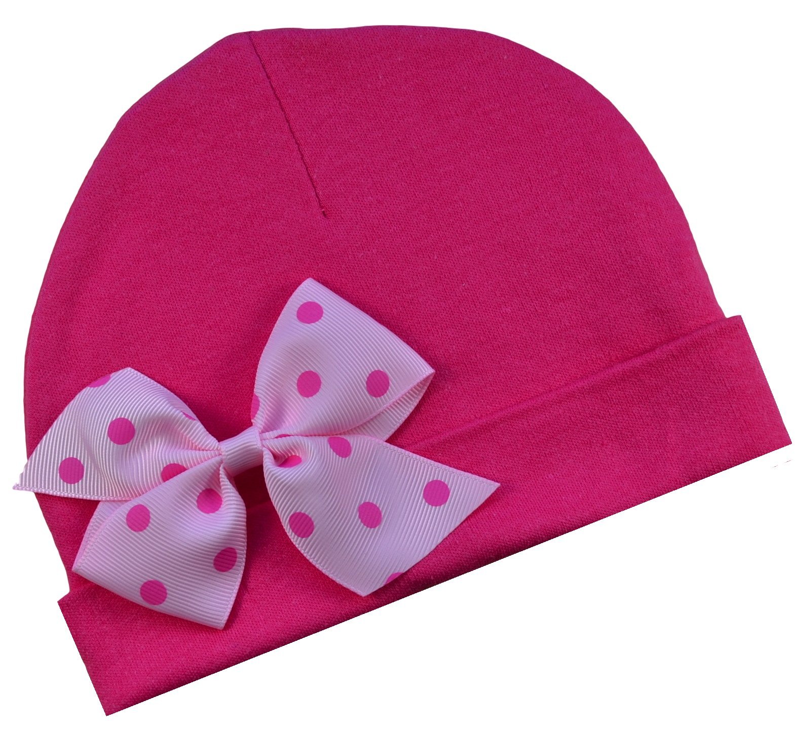 Funny Girl Designs Baby Girl Pinwheel Bow Cotton Baby Hat (Hot Pink Hat with Light Pink Dot Bow)
