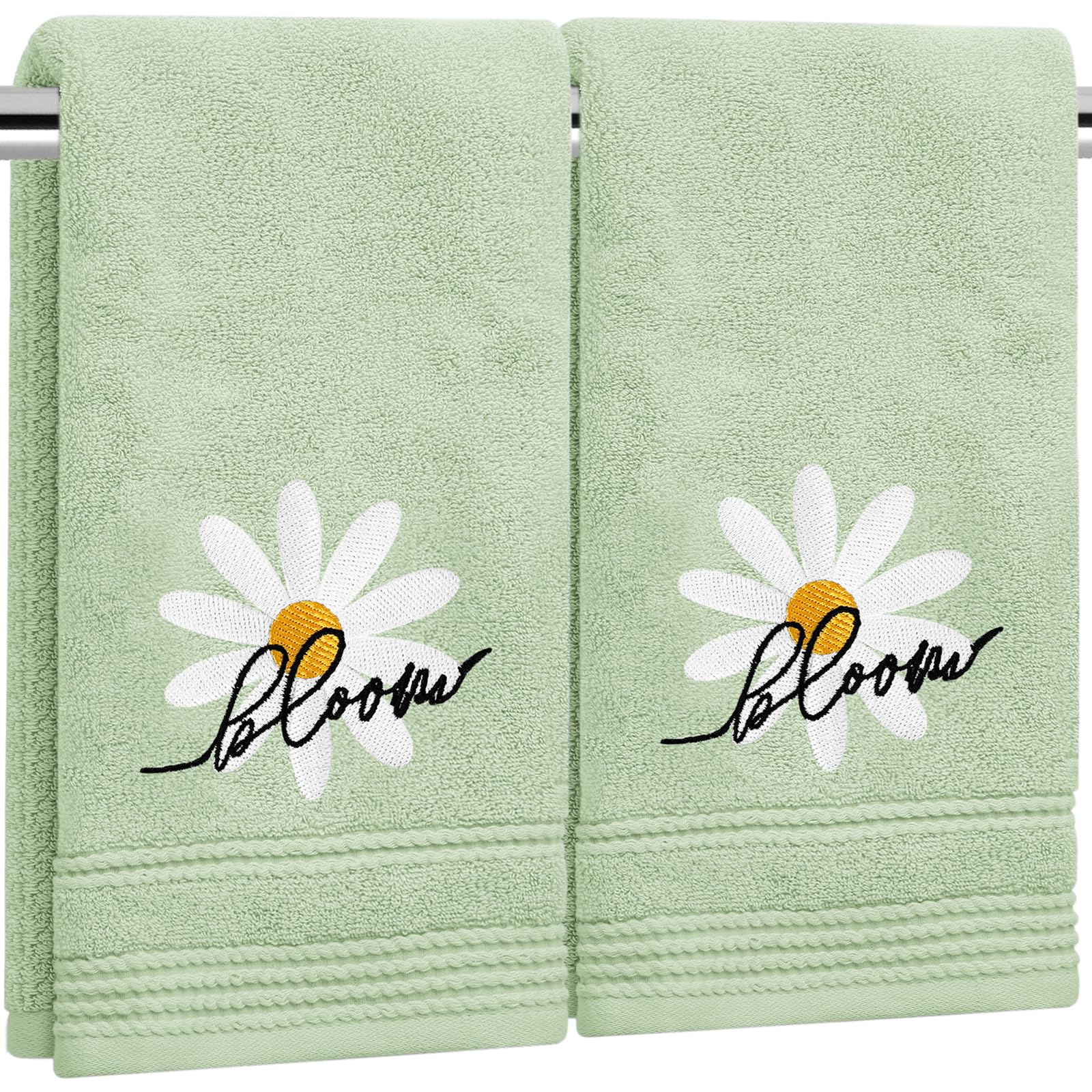JarThenaAMCS 2Pcs Daisy Hand Towels Embroidered Summer Flower Bloom Cotton Bathroom Towel Green Soft Absorbent Dish Towel for Drying Cleaning Cooking,