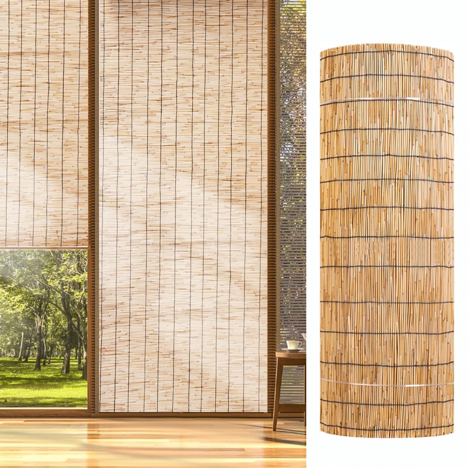One Color Bamboo Fence For Garden Balcony Privacy Screen Natural Bamboo Decorative Reed Screen Fencing Rolls For Deck Pool Apartment Railing(60 * 700Cm/2 * 23Ft)