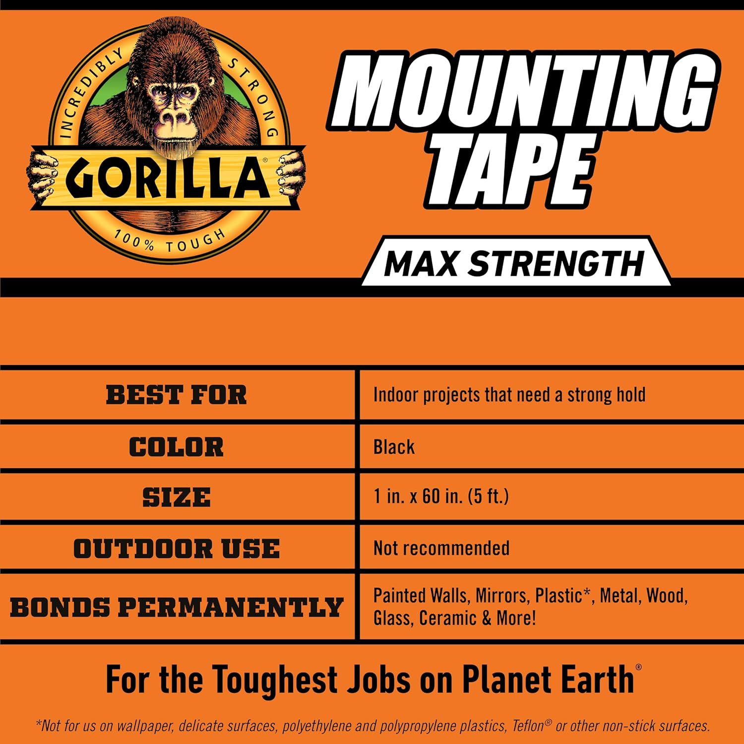 Gorilla Max Strength Mounting Tape, Double-Sided, Instant Hold, Permanent Bond with Reinforced Strength, 1 inch x 60 inches, Black (Pack of 6)