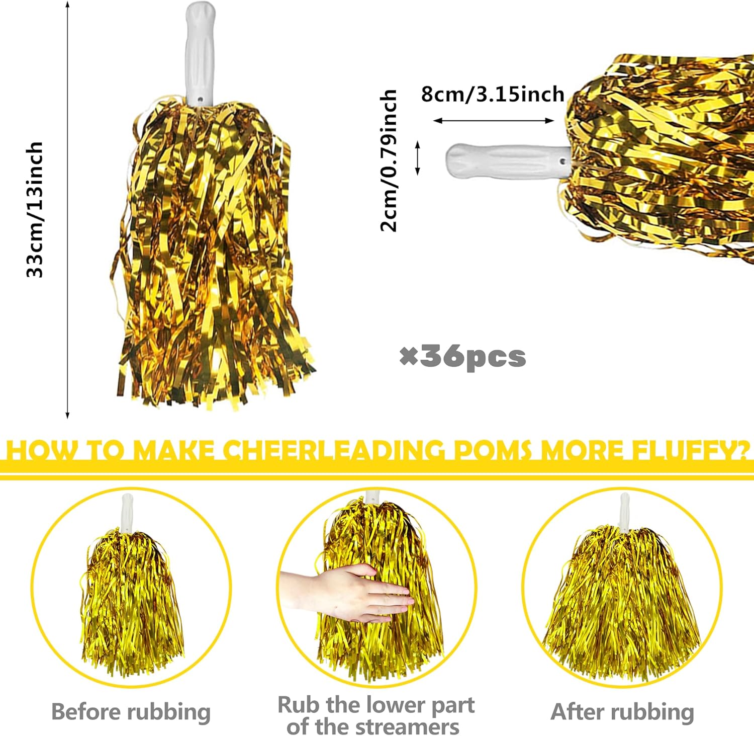 HAVAGDTM 36PCS Cheerleading Pom Poms Metallic Foil Plastic Pom Poms with Baton Handle for Game Sports Squads Dancing Party Football Basketball Club Spirit Sports Stage Performance Celebration