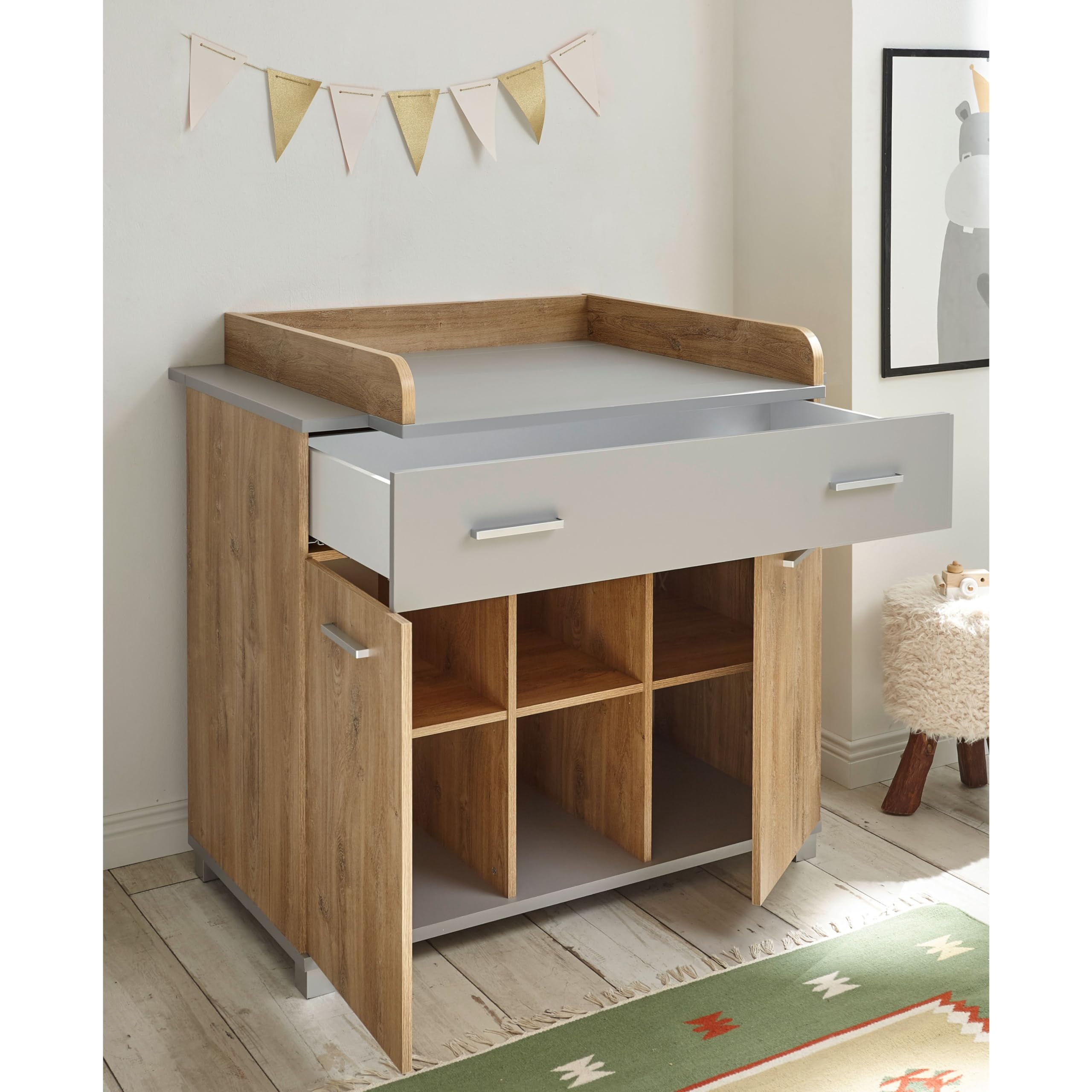 LARISSA Baby Wickelkommode inkl. Wickelaufsatz Bolton Oak Optik Arktisgrau 107 x 104 x 79 cm