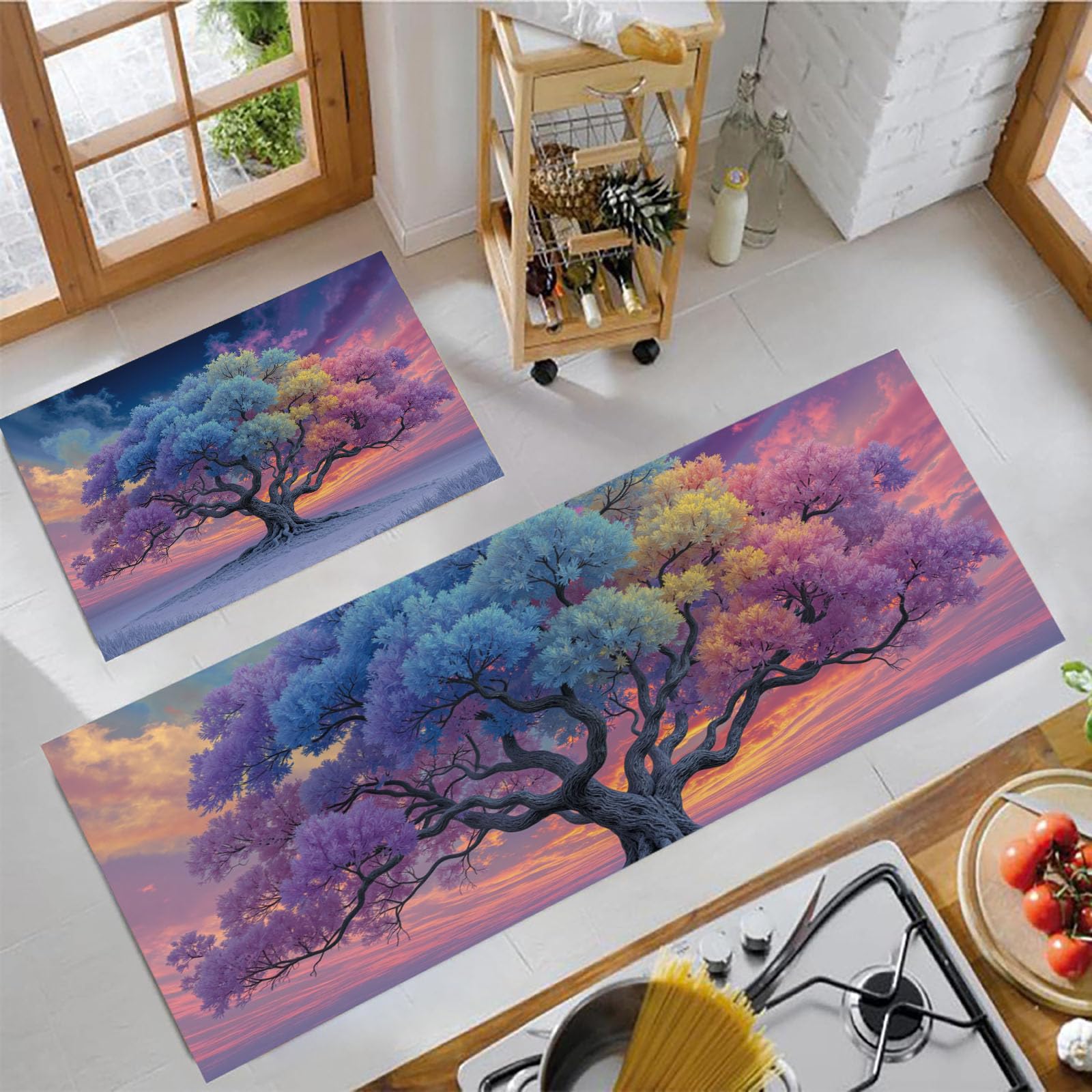 Tapis de cuisine antidérapants 3D lot de 2 grand format lavable paysage rose-violet