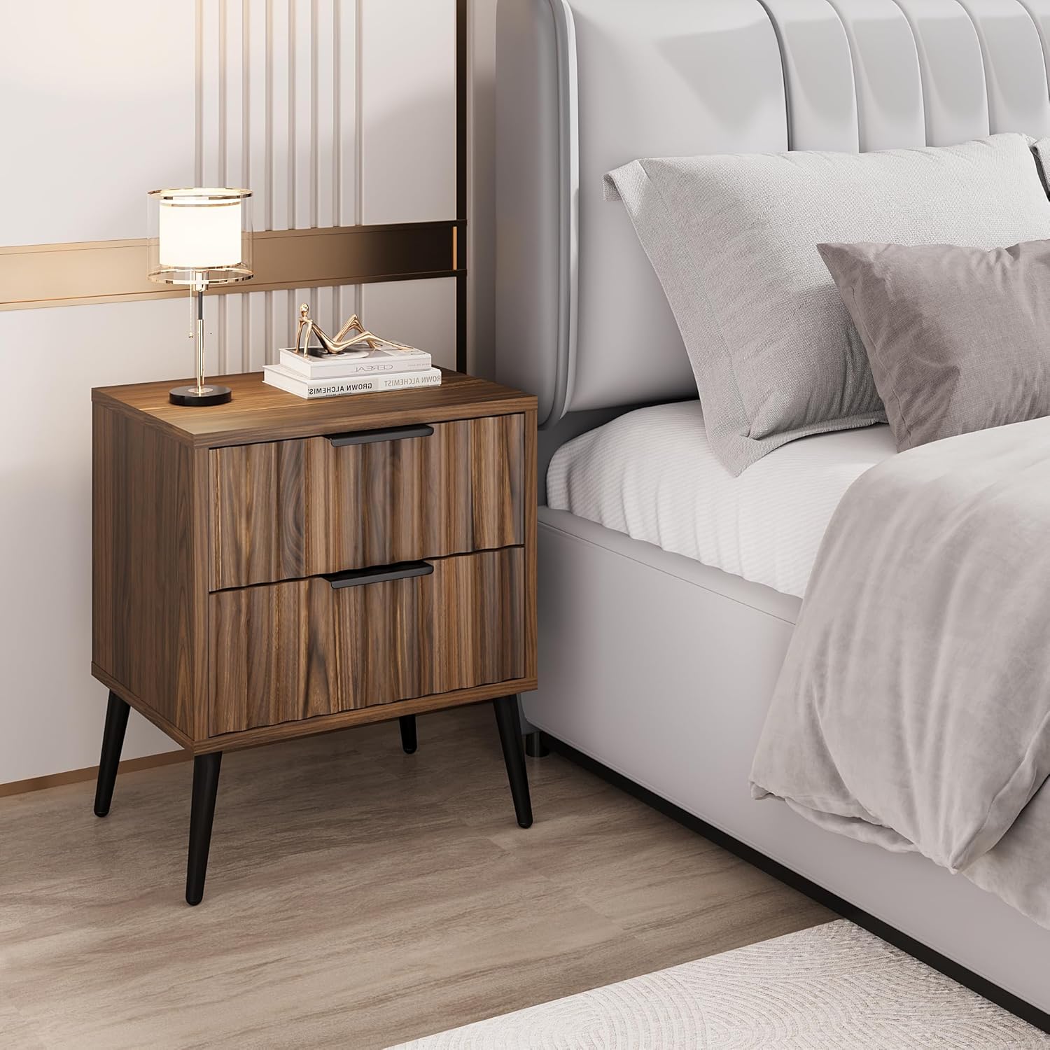 JOMEED Solid Wood Nightstand with 2 Fluted Drawers & Adjustable Shelf, Multi-Use Bedside Table, Bedside Table End Table for Bedroom, 15.74" D x 17.71" W x 21.65" H, Walnut