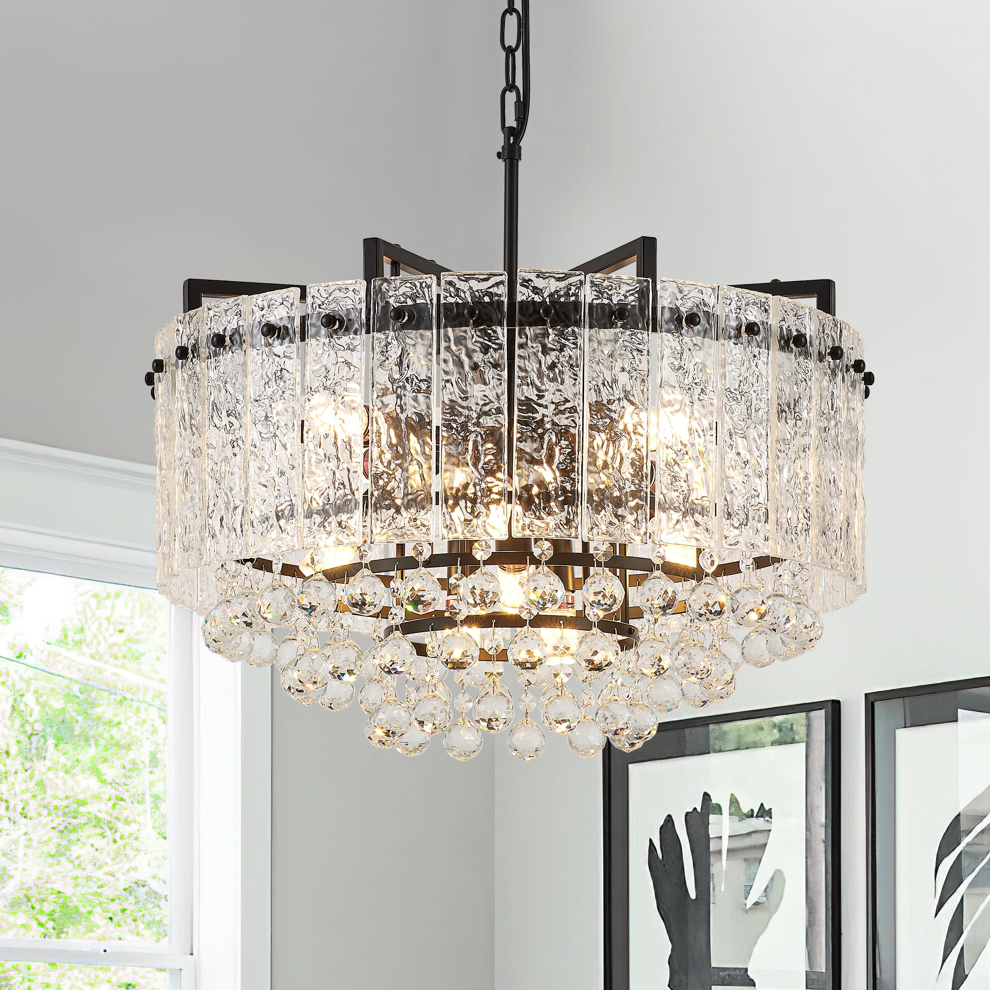 Photo 1 of brfaixla 22.2" 10-Light Modern Glass Chandelier Light Fixtures Black 3-Tier Crystal Beads Chandeliers for Dining Room Round Hanging Ceiling Pendant Lighting for Kitchen Island Entryway Foyer Hallway