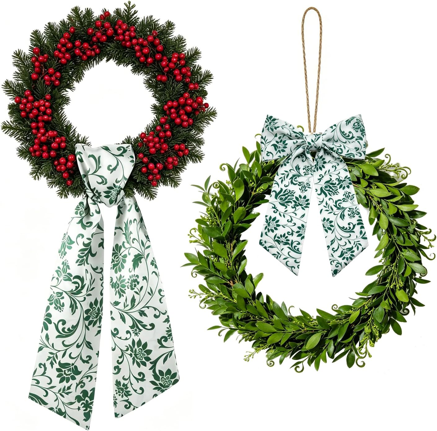 2 Pcs Wreath Sash for Front Door, Green Flower Wreath Sash, Chinoiserie Floral Garland Ribbon Sash for Outdoor Indoor Xmas Party Yard Doorway Home Decor (Green)