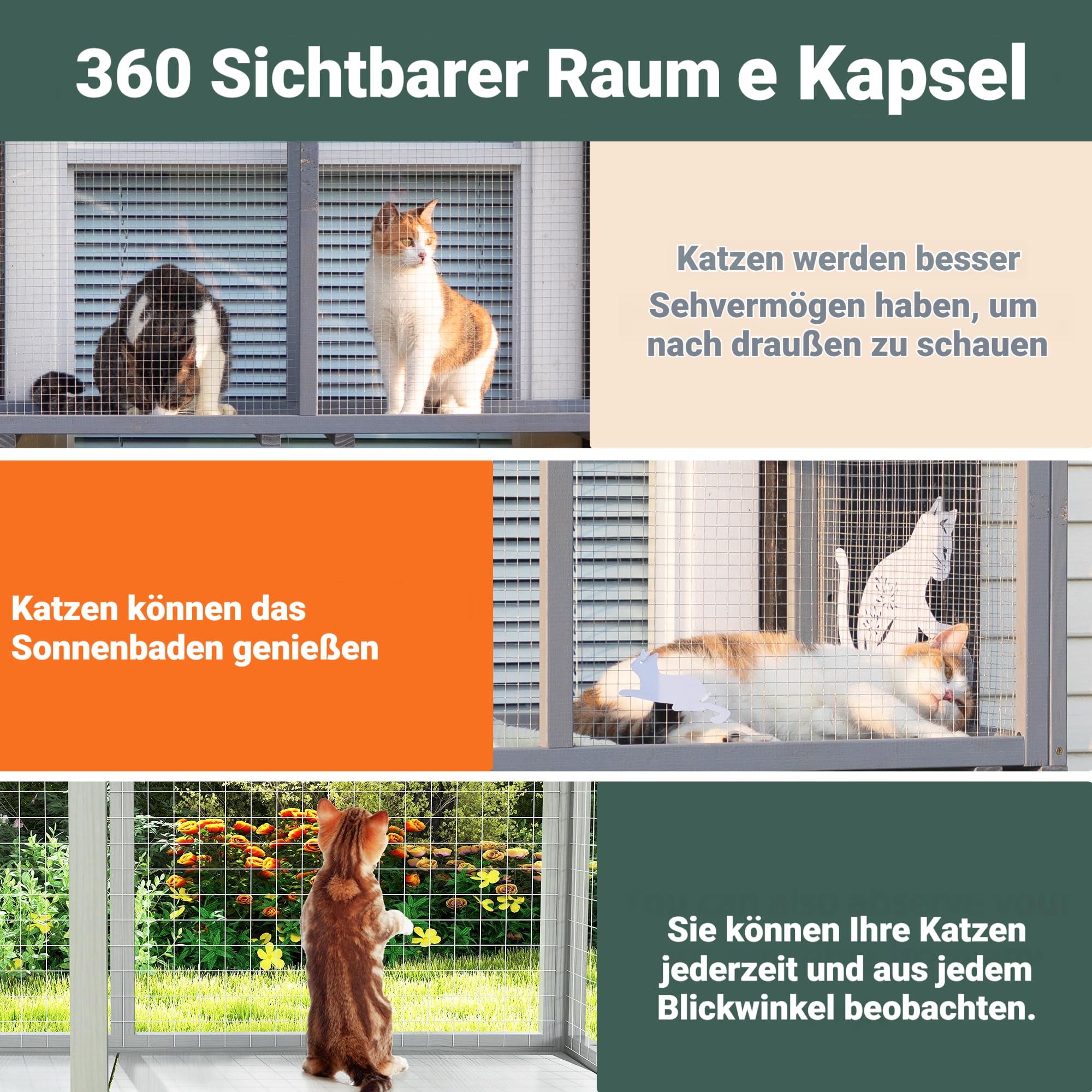 Outdoor Katzenfenster Catio aus Holz – Wetterfester Katzen-Fensterkasten mit verzinktem Drahtgitter & PVC-Dach, Große Aussichtsplattform für Katzen, Stabil an der Wand montierbar (Dunkelgrau)