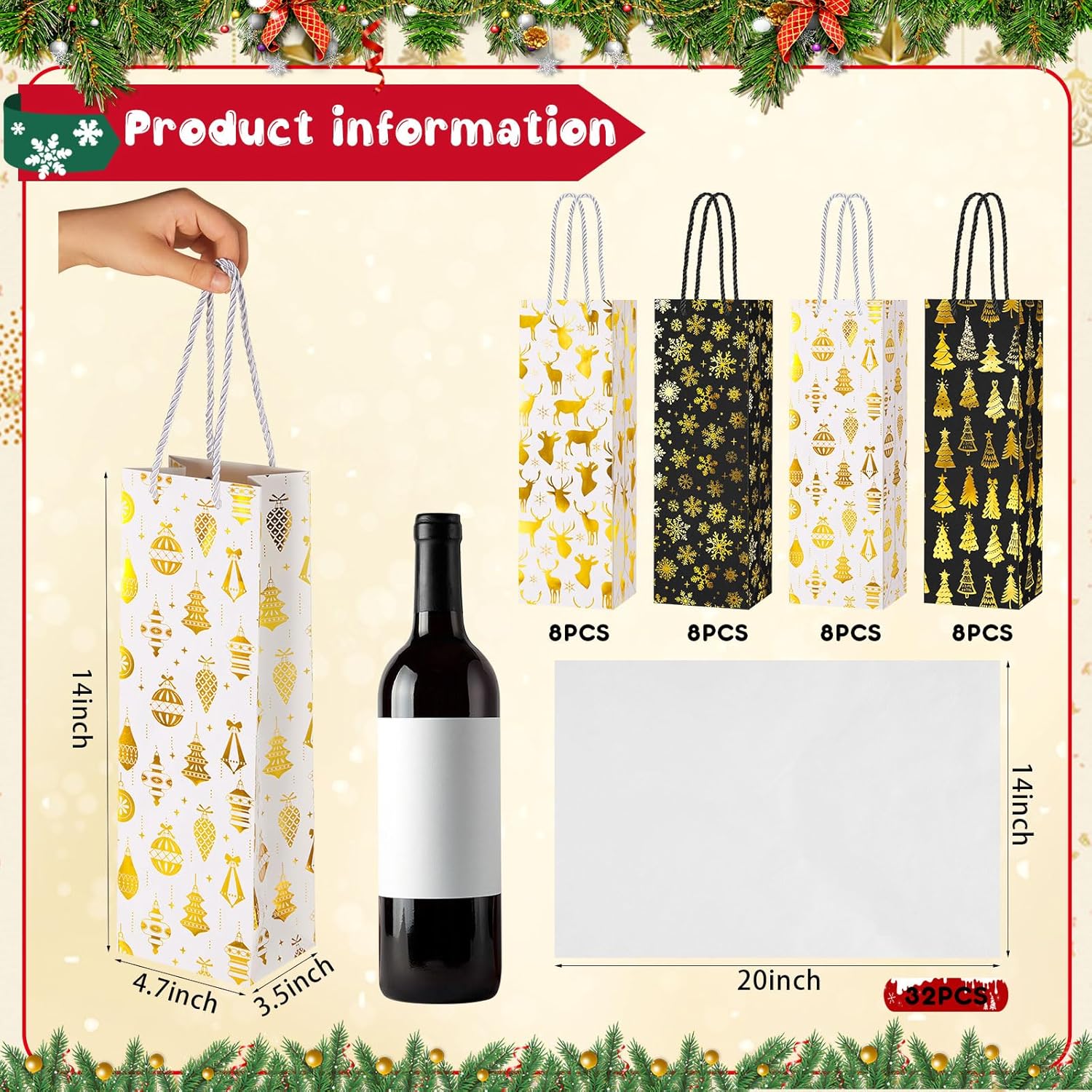 Harloon 32 Pack Christmas Wine Bottle Gift Bags Bulk Holiday Champagne Drinks Wine Bottle Bags with Handles Tissue Paper Metallic Foil with 4 Designs for Winter Party Banquet Birthday(Black, Gold)