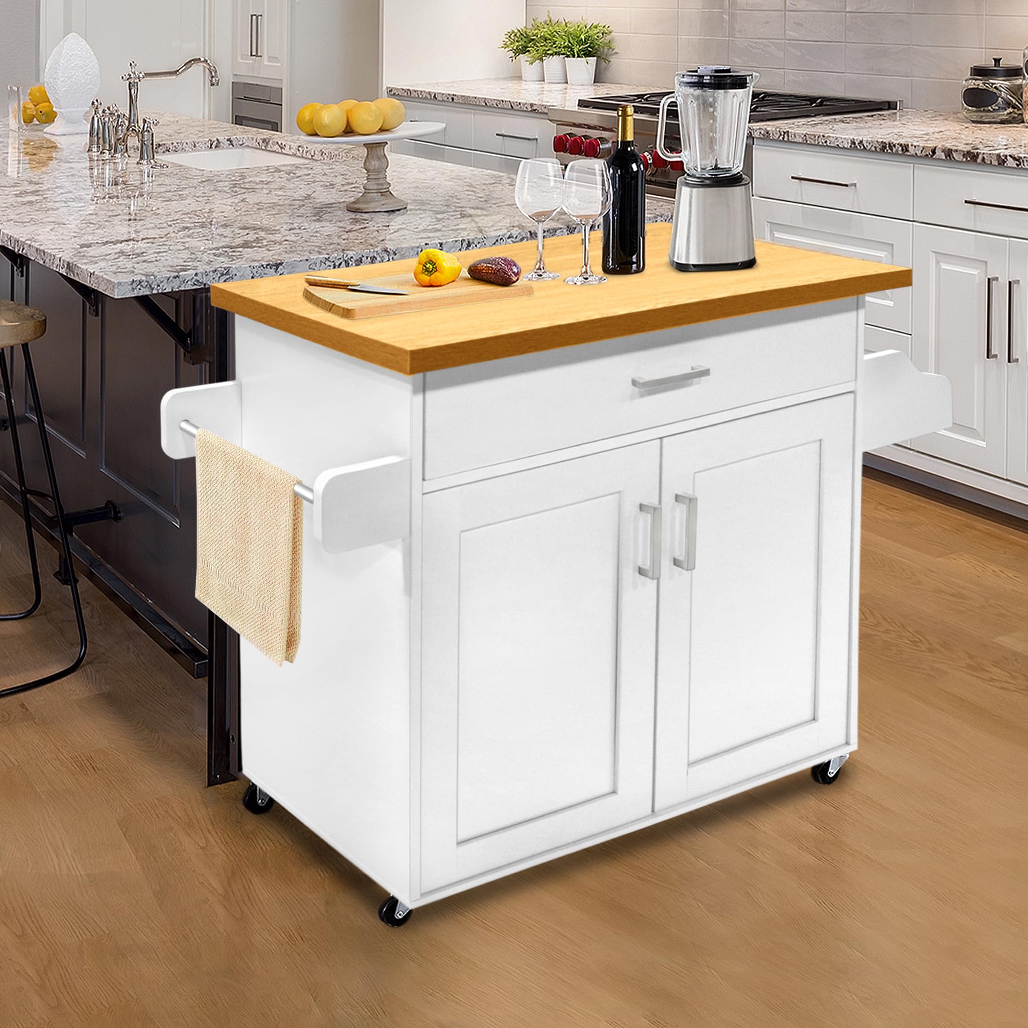 UISEBRT Carrello da cucina con piano di lavoro, isola da cucina in legno, mobile da cucina su ruote, carrello da portata con cassetto e ripiano, carrello da cucina in stile rustico, bianco