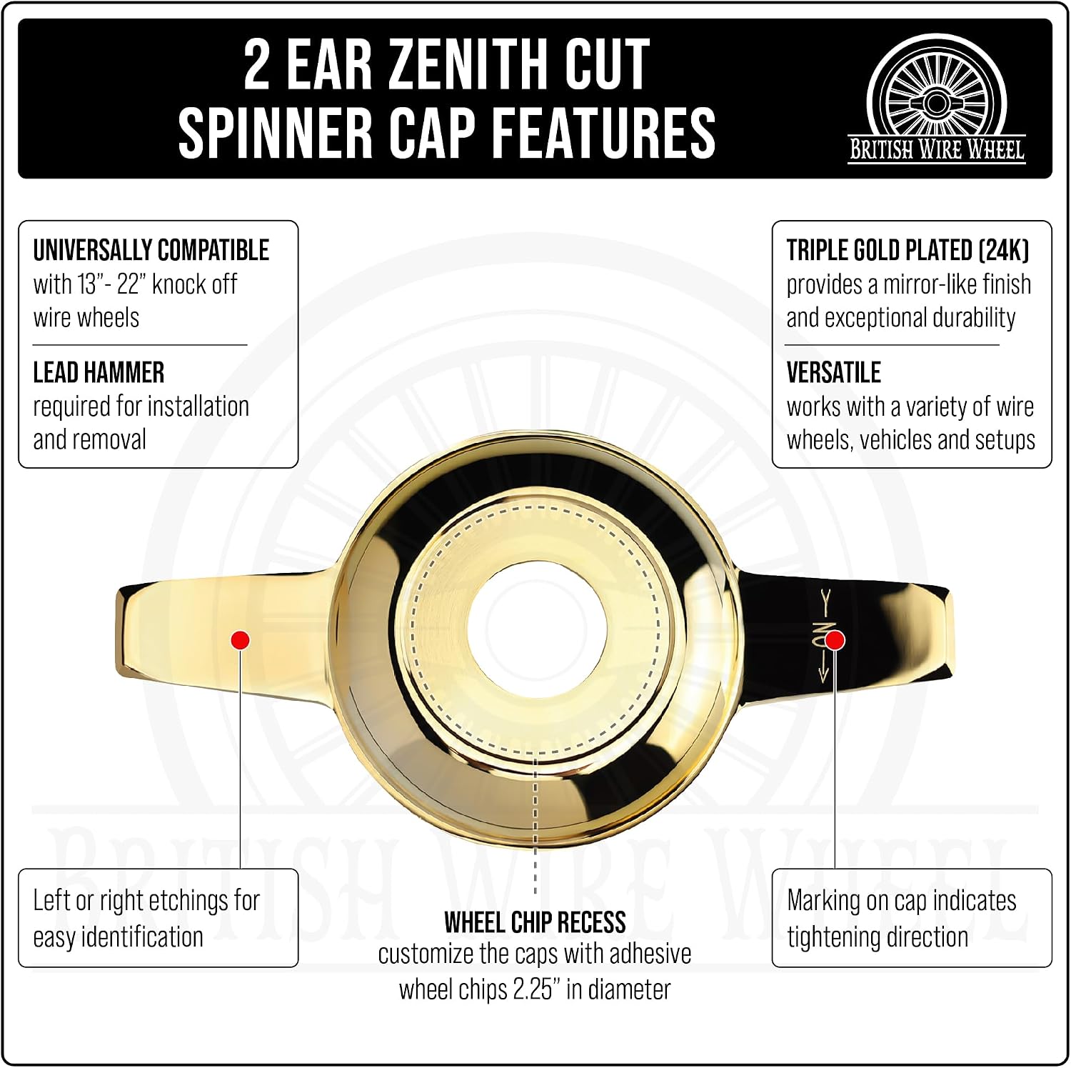 14x7 Reverse 72 Spoke Cross Lace Wire Wheels with Zenith Cut Gold Knock Off Spinner Caps + Adapters 5x4.5, 5x4.75, 5x5 | Chrome Deep Dish Lowrider Rims | Set of 4 + Lead Hammer