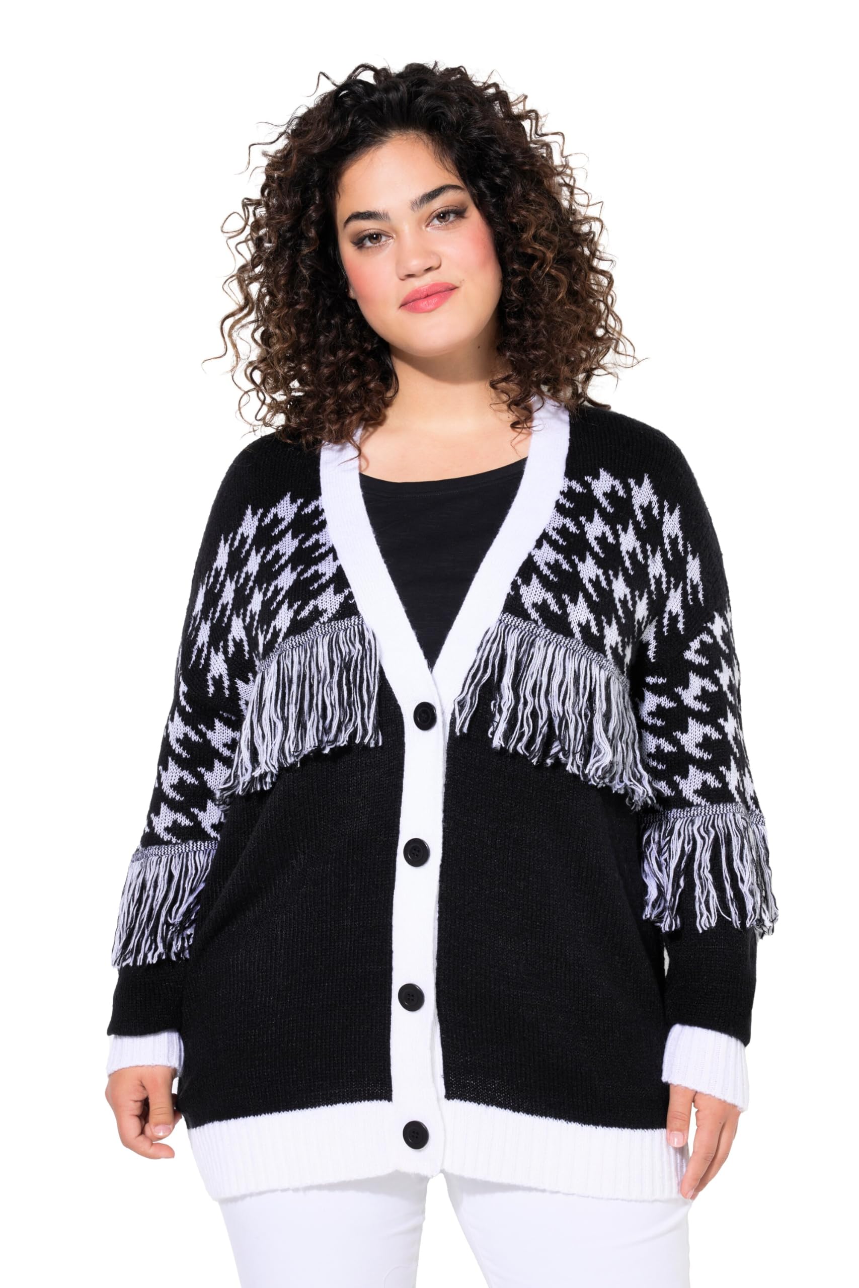 Angel of Style Damen große Größen Übergrößen Plus Size Strickjacke, Oversized, Hahnentritt, Fransen, Langarm 836507