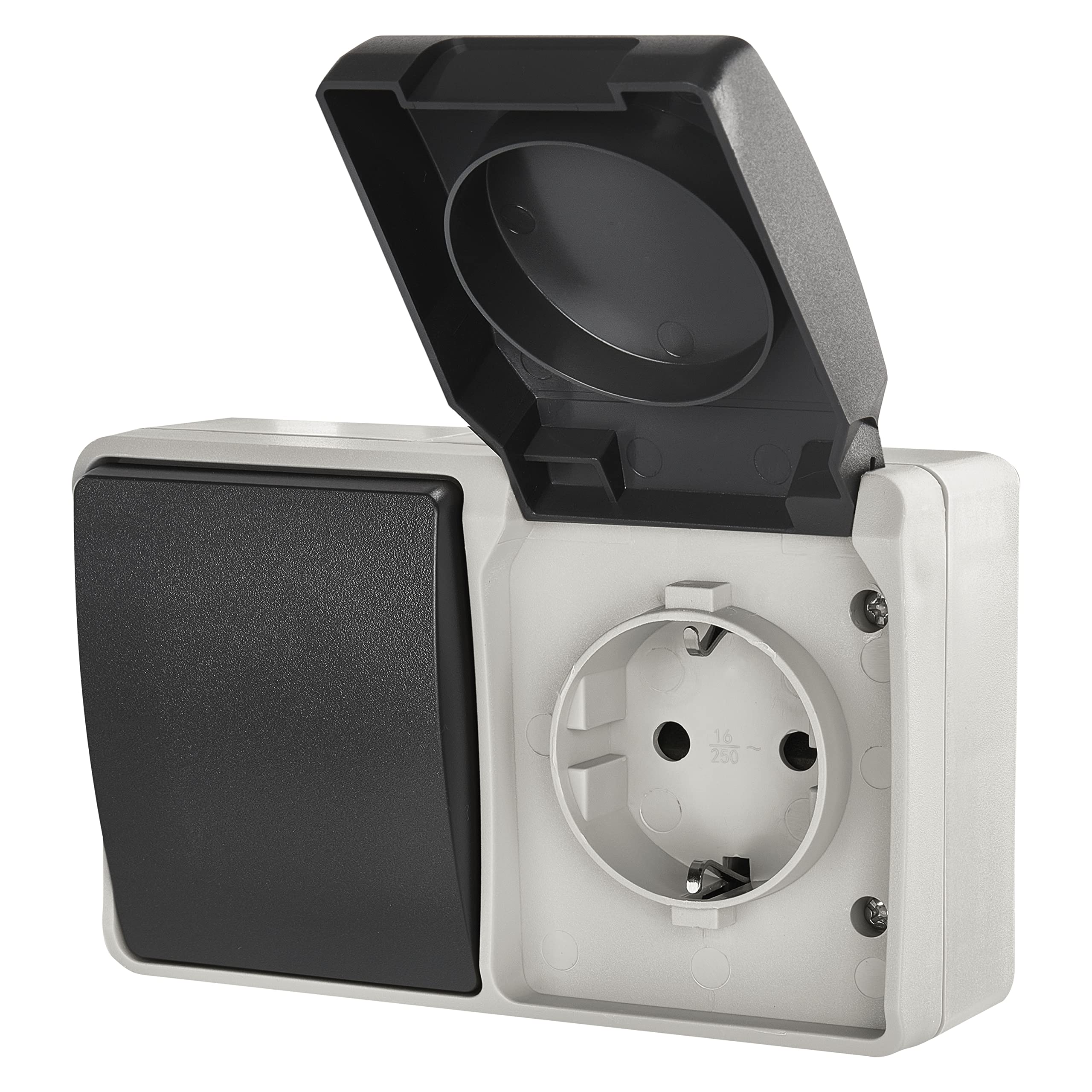 EMOS Interruptor y enchufe con protección de contacto, combinación Schuko e interruptor individual para montaje en pared, IP44 para ambientes húmedos y exteriores, color negro y gris