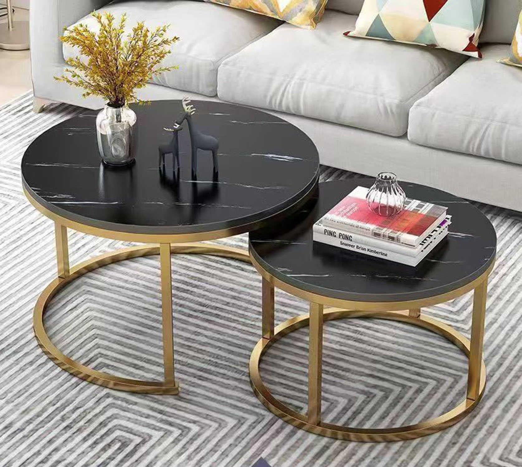 Table Basse Ronde, Lot de 2, Table Basse en Bois, Ensemble de Tables d'appoint Modernes avec Cadre en métal pour Salon, Balcon, Bureau