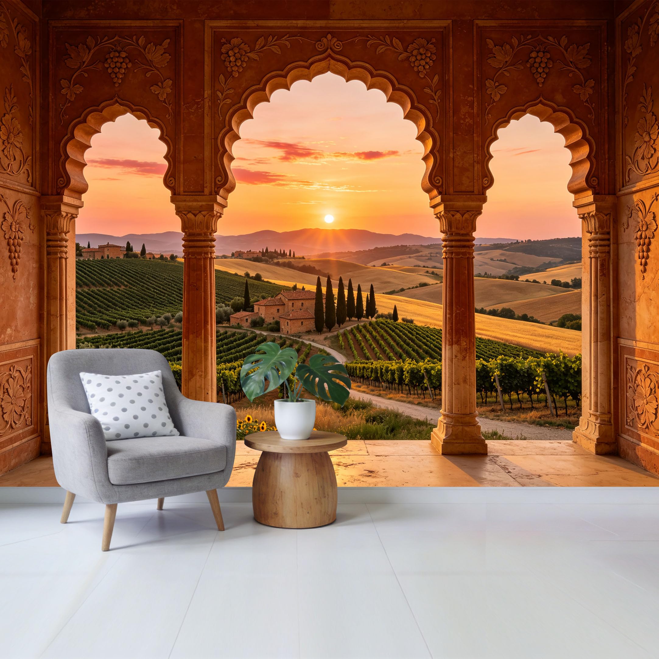 Custom Size Wall Mural Mediterranean Vineyard Sunset View Through Ornate Arch Landscape Removable Self Adhesive Fabric， Home Wall Decor for Living Room Bedroom Bathroom
