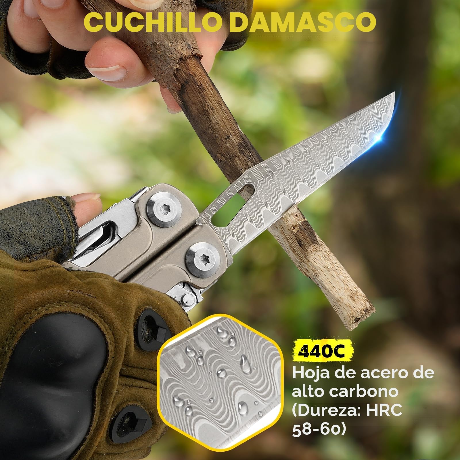BIBURY Multiherramienta Titanio y Acero Damasco - Alicates Multiusos con Navaja Supervivencia, Tijeras, Sierra Intercambiable y Puntas - EDC Multitool para Camping, Reparar y Regalo Hombre BI2049TI