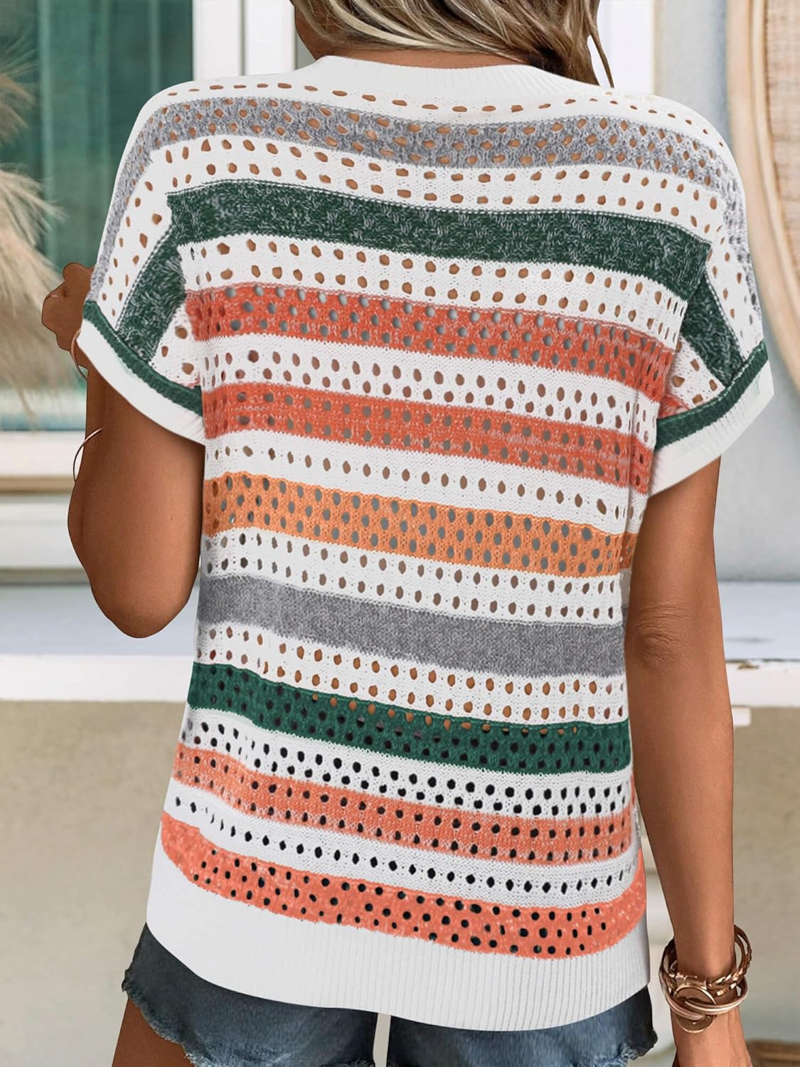 ONLYSHE Womens Summer Short Sleeve Shirts V Neck Crochet Knit Sweater Hollow Out Striped Tops Vacation Cover Ups Outfits - Image 5