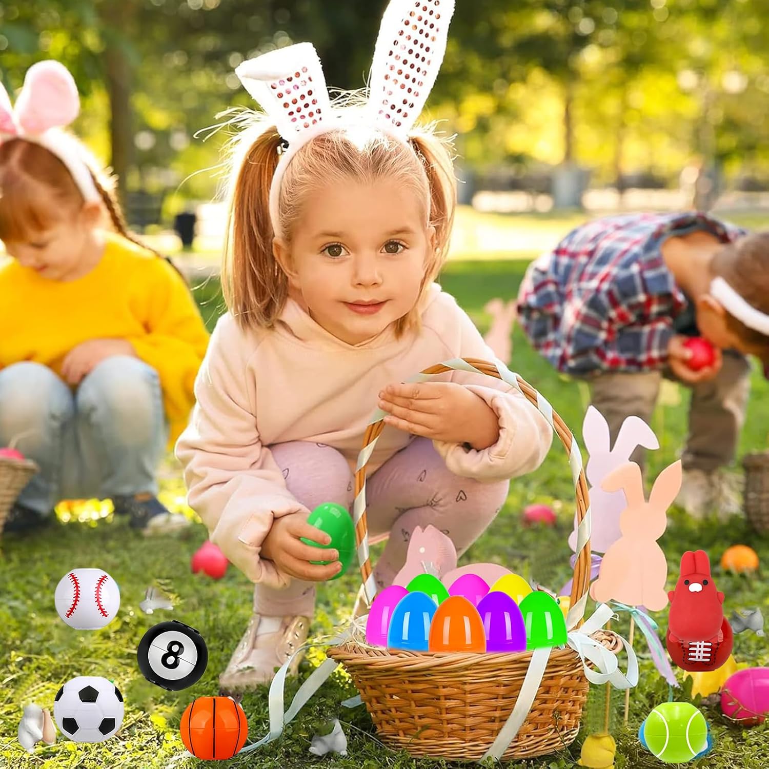 24 PCS Sports Stress Balls Filled Easter Eggs, 6 Styles Mini Sports Balls with 24 Colorful Easter Eggs, Perfect Basket Stuffers for Kids Hunt Games, Party Favors and Goodie Bag Fillers