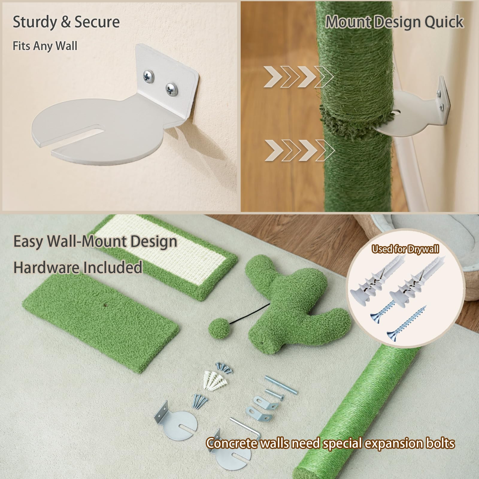 Wall Mounted Cat Scratcher with Jump Platform – Tall, Stable Cat Wall Furniture with Sisal Post for Climbing and Scratching – Cactus Design for Indoor Cats - image 5