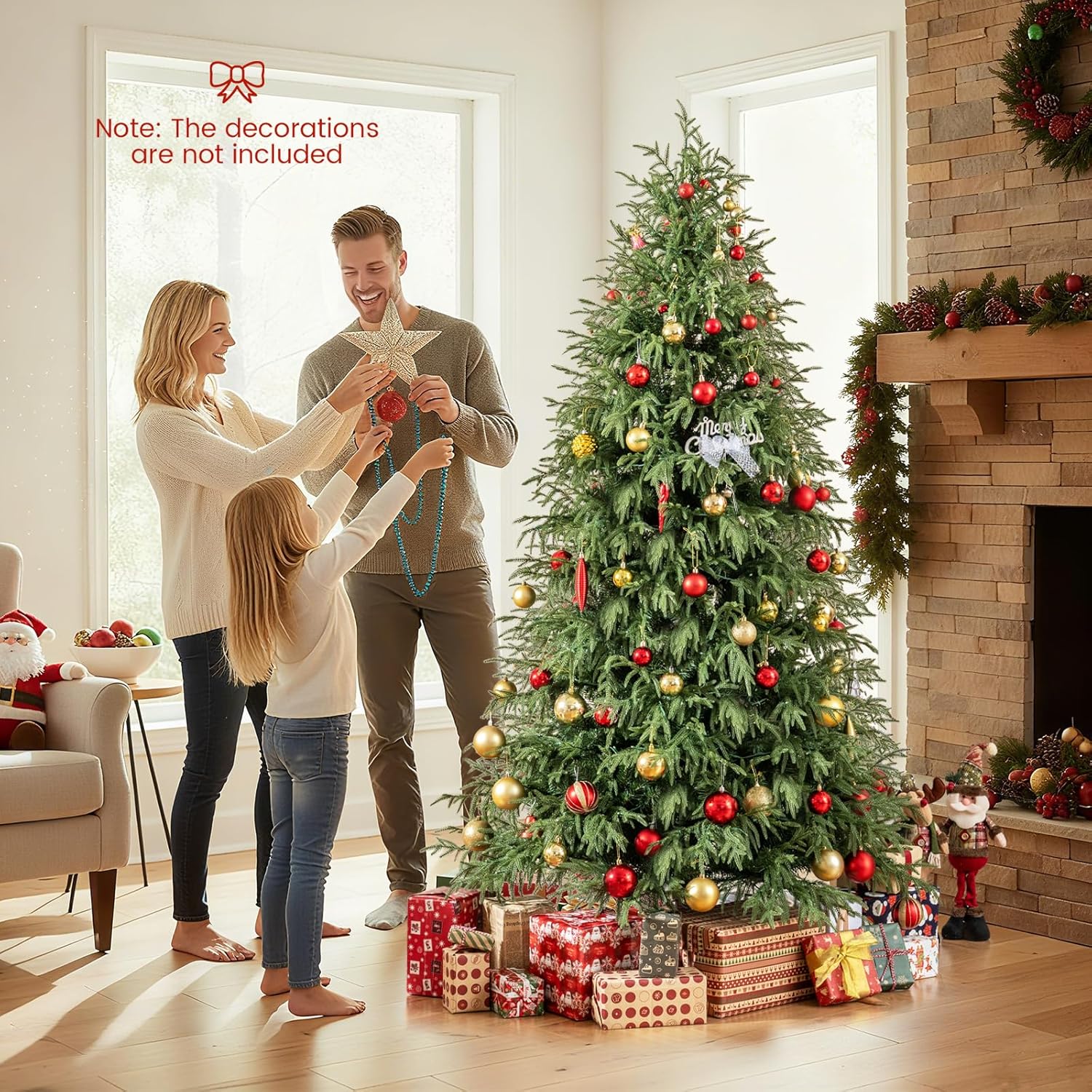 Goplus 7 FT Pre-Lit Artificial Christmas Tree, Hinged Faux Xmas Tree with 1217 Soft TPE & PVC Mixed Branch Tips, 400 Warm White LED Lights, Foldable Metal Stand, Holiday Party Home Office Decoration