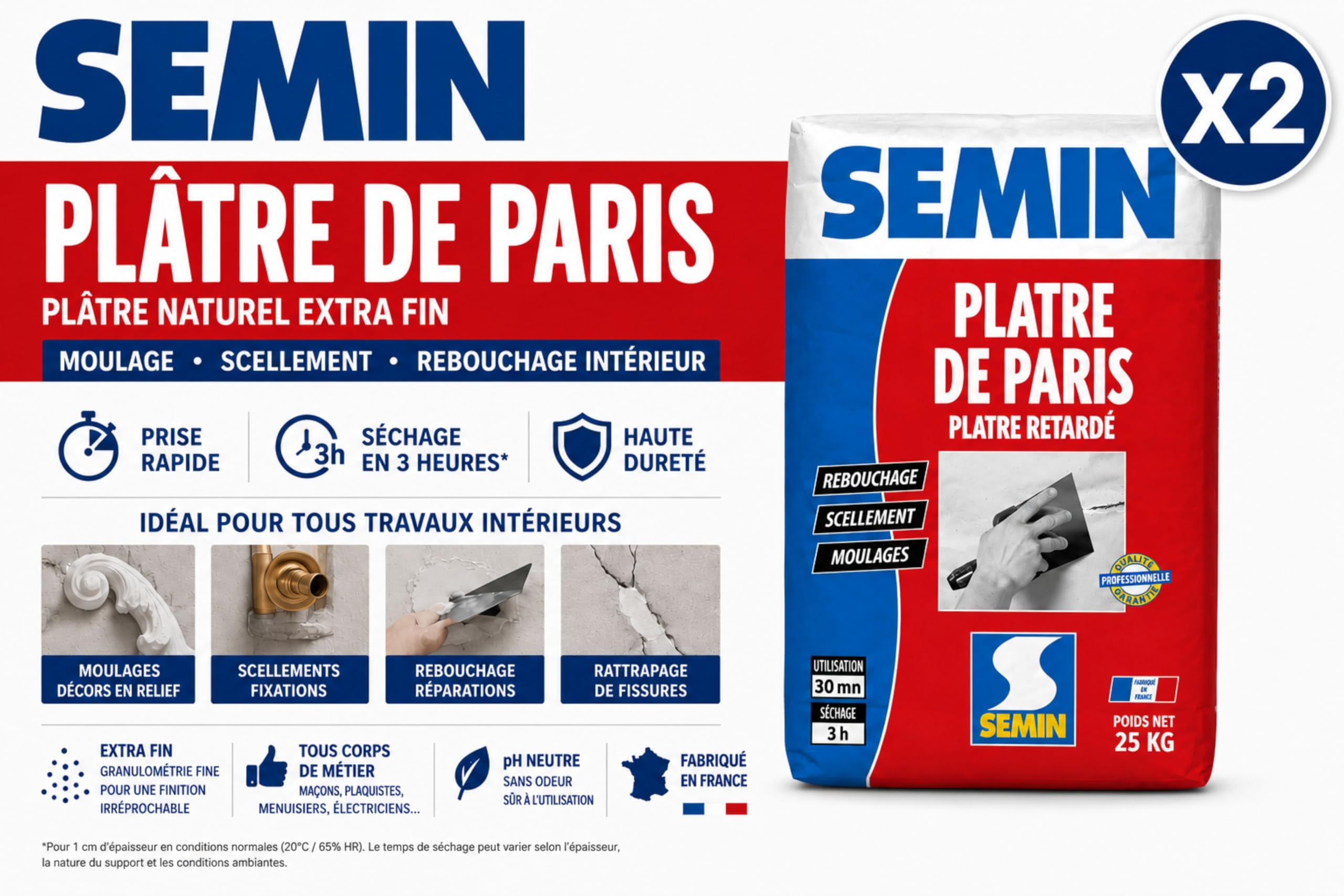 SEMIN Plâtre de Paris 25 kg - Plâtre Naturel Extra Fin - Moulages, Scellements, Rebouchage et Réparations Intérieures - Séchage Rapide 3h - Finition Blanche - Fabriqué en France - Lot de 2