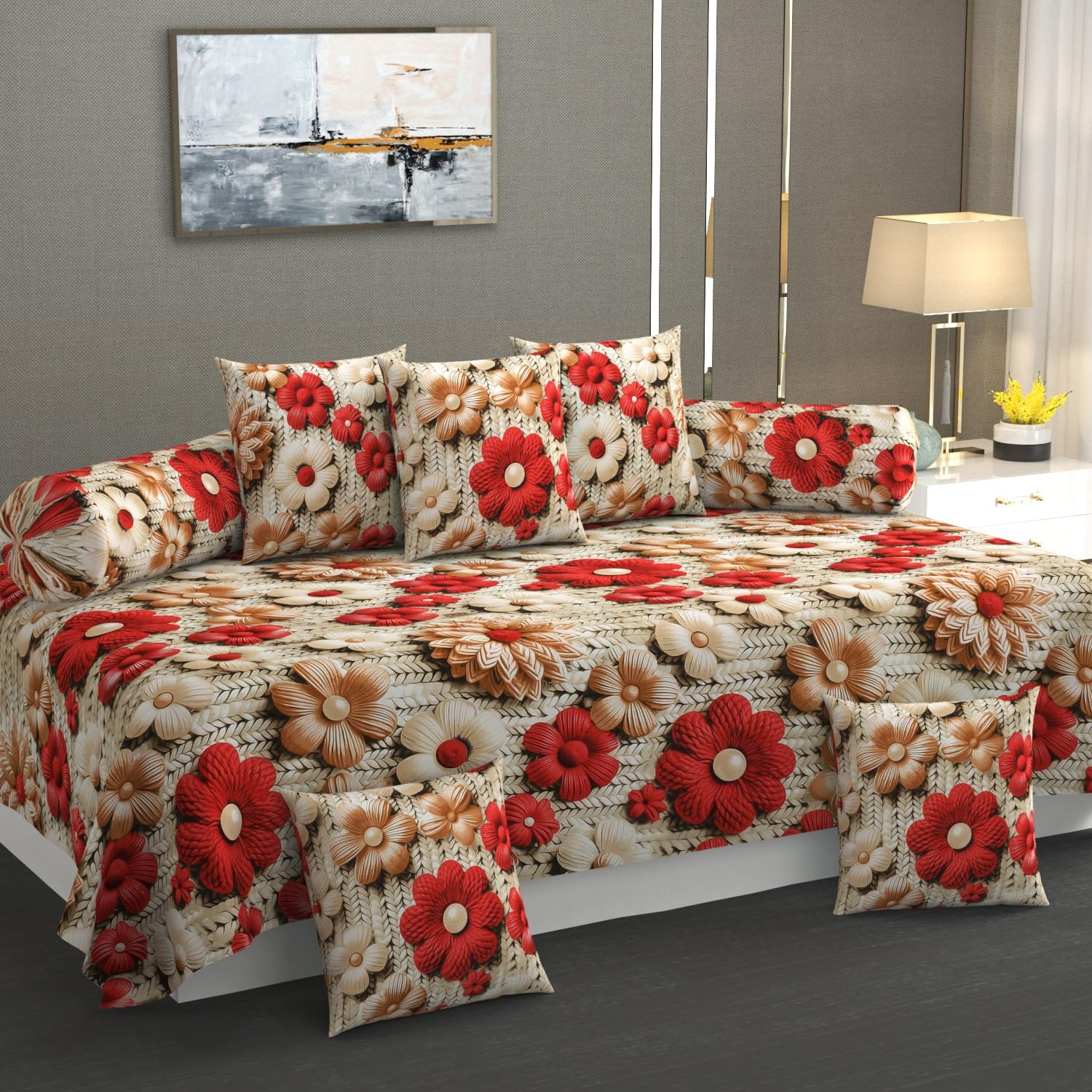 Laying Style Pure Cotton Designer Printed Standard Diwan Set (1 Single Bedsheet, 2 Bolster Covers, 5 Cushion Covers) - Set 8 Piece