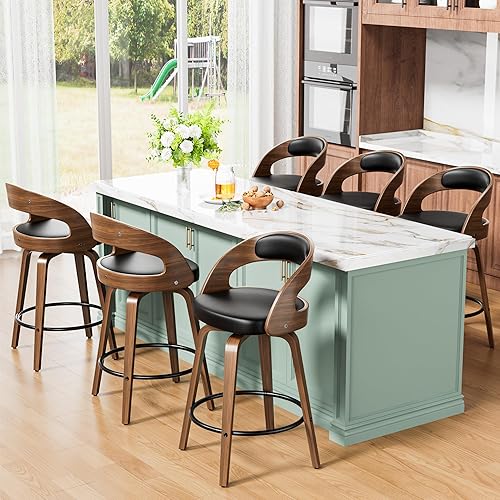 Miniatura 11 de Taburetes de bar, taburetes de bar de 26 pulgadas de altura de mostrador con patas de madera curvada, taburetes giratorios con respaldo, sillas