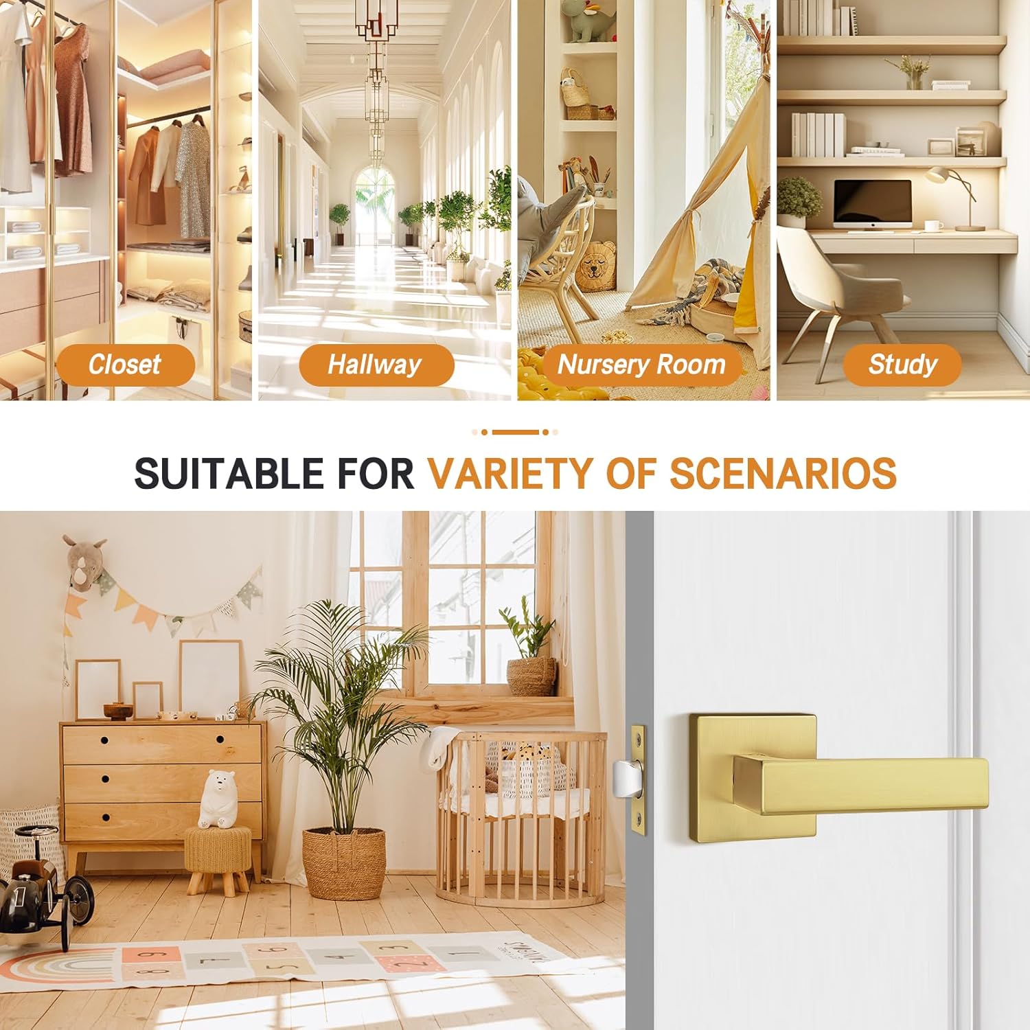 Probrico Passage Gold Closet Door Handles, 6 Pack Interior Non-Locking Square Lever, Reversible for Right & Left Side