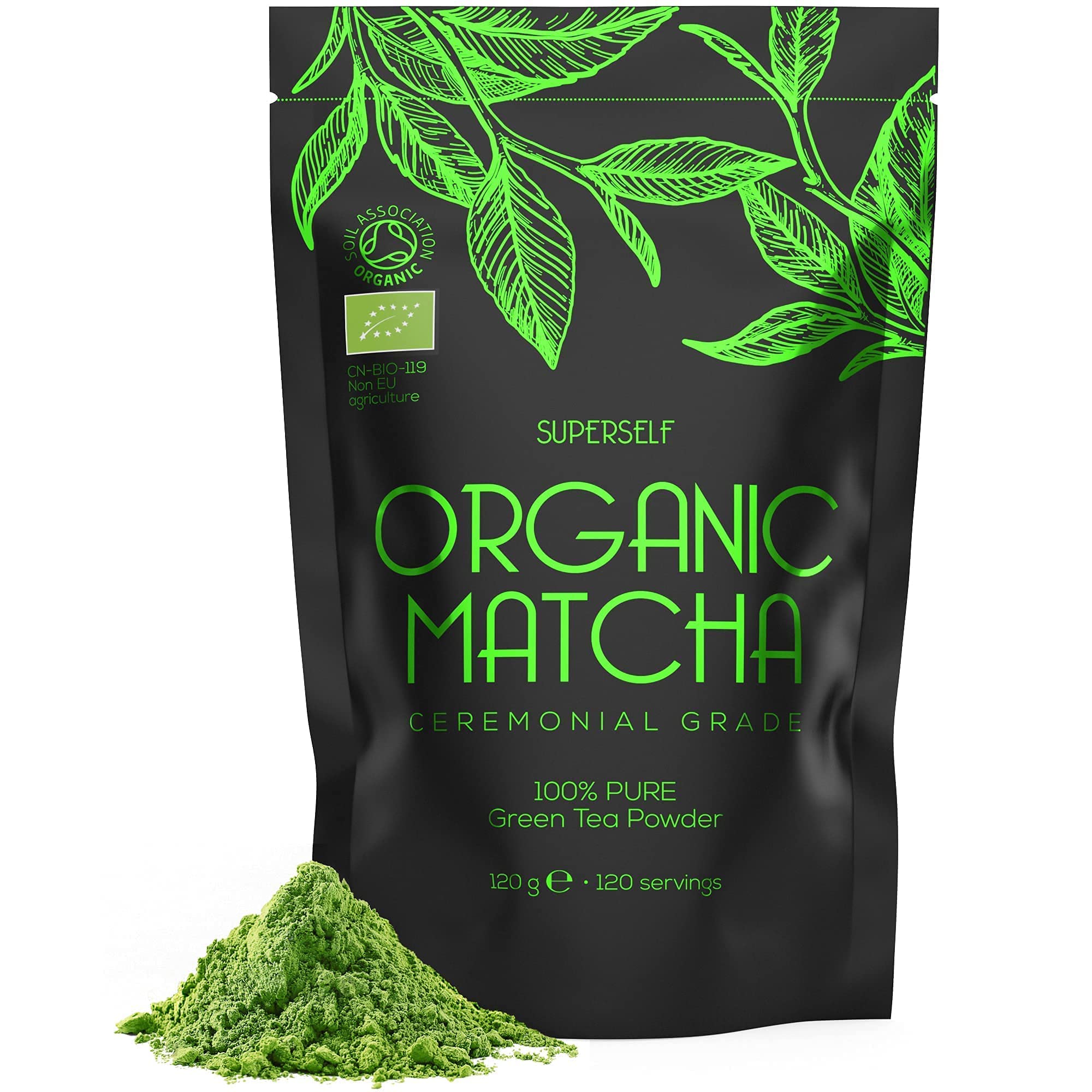 Organic Matcha Green Tea Powder - Ceremonial Grade - 120g (120 servings) - 100% Pure Premium Ground Tea Leaves - Vegan