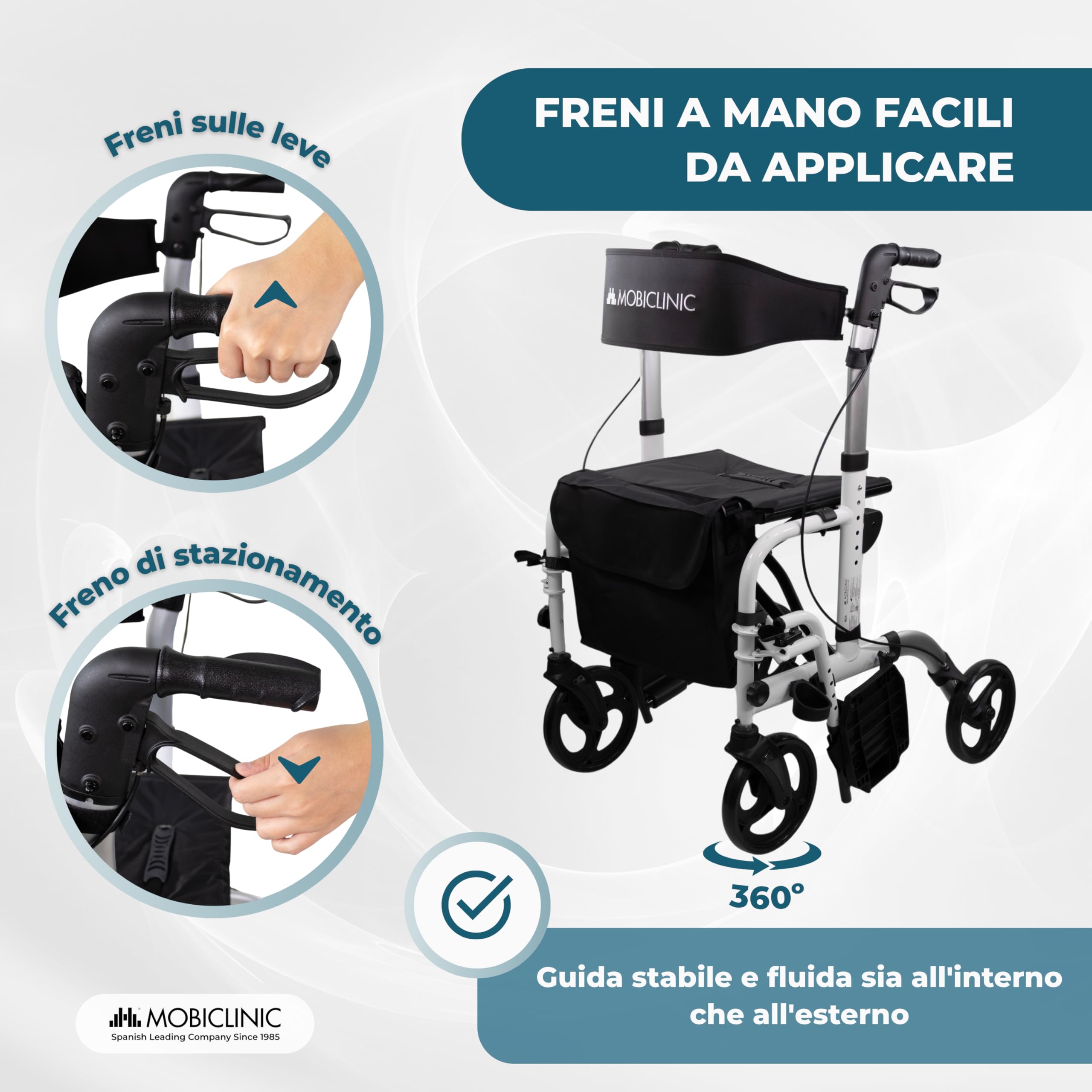 Mobiclinic®, Deambulatore Pieghevole, con Poggiapiedi, Regolabile in Altezza, Max. 136 Kg, con Freni, Schienale Reversibile, Ruote 360º, Borsa, Porta Bastone, Ibiza