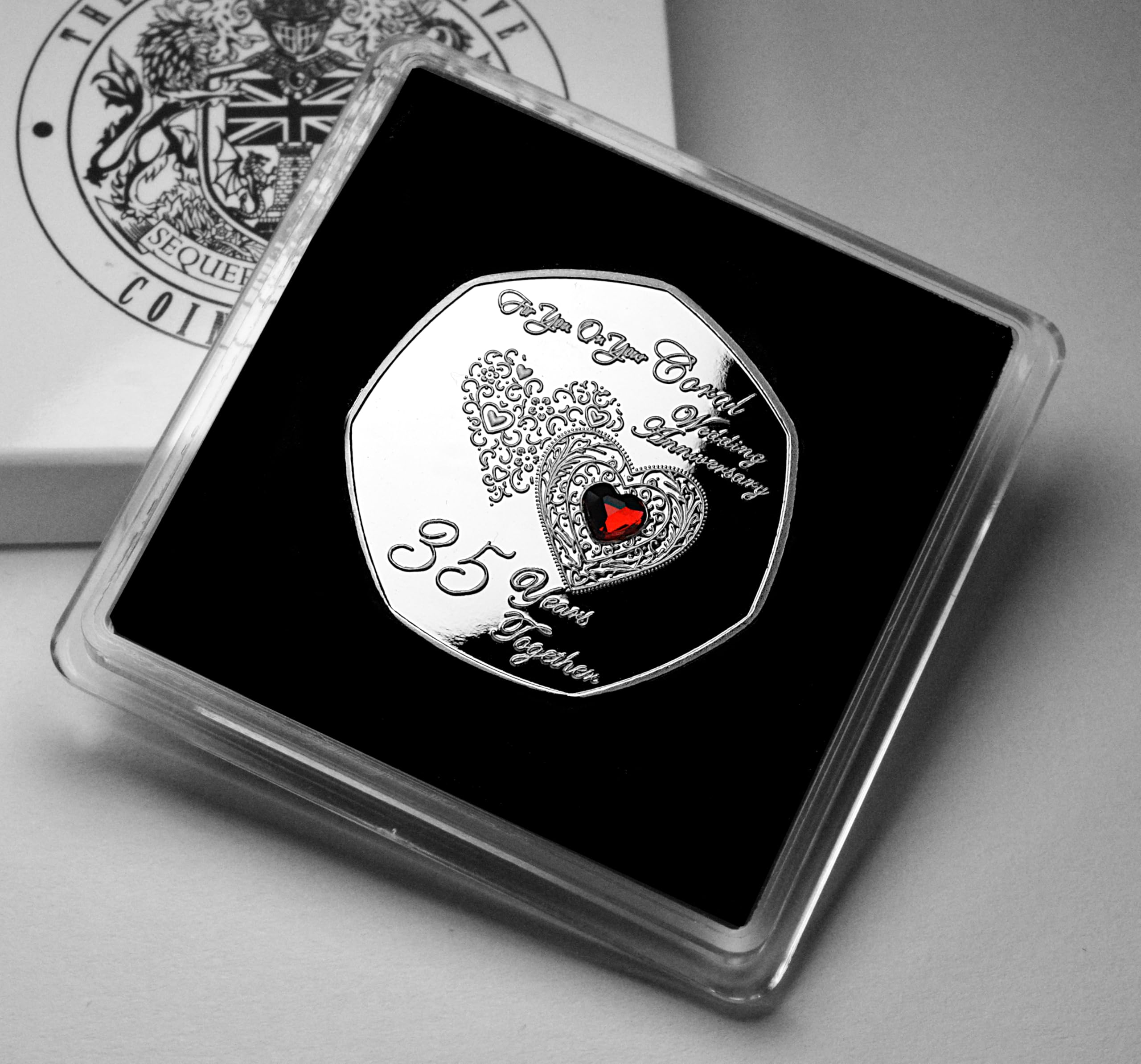 The Commemorative Coin Company Silver On Your 35Th Coral Wedding Anniversary Commemorative In Gift Case. Gemstone. 35 Years Together Husband/Wife/Couple Gift/Present/Token/Love