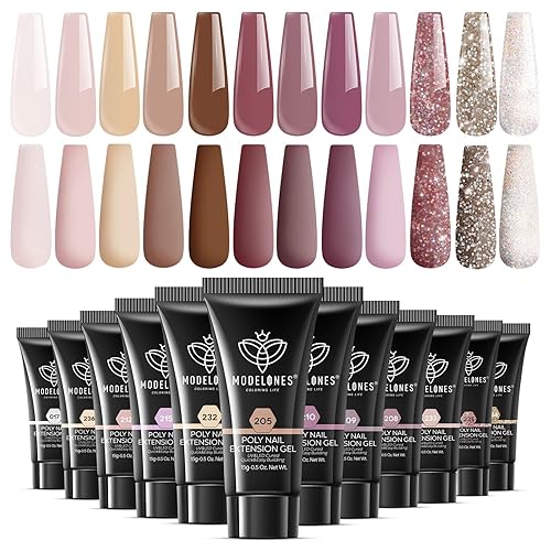 modelones Kit de gel de extensión de poliéster para uñas, 12 colores rosa con purpurina nude, juego de gel de uñas de poli para manicura francesa,