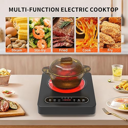 Miniatura 5 de Cocina eléctrica de un solo quemador, estufa eléctrica de 110 V 1800 W con control táctil LED, 10 niveles de potencia, temporizador de 4 horas,