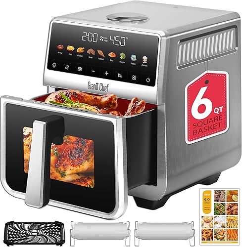 Freidora de aire de acero inoxidable de 6 Qt, Freidora de aire con esmaltado cerámico, Carcasa de acero inoxidable y recipiente interior