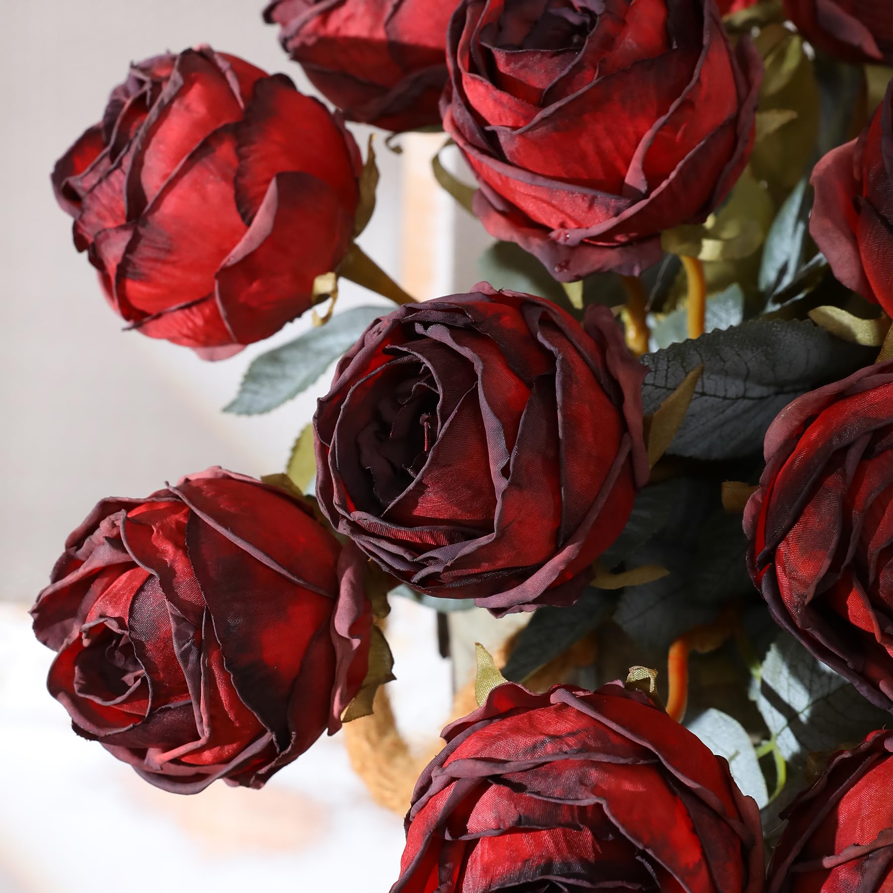 Kisflower 10 Pcs Artificial Rose Red Flower,20" in Tall Single Rose Long Stem Fake Flower,Silk Blossom Rose Realistic Flower for Table Office Party Wedding Home Decor(Burgundy Red,10pcs) - Image 4