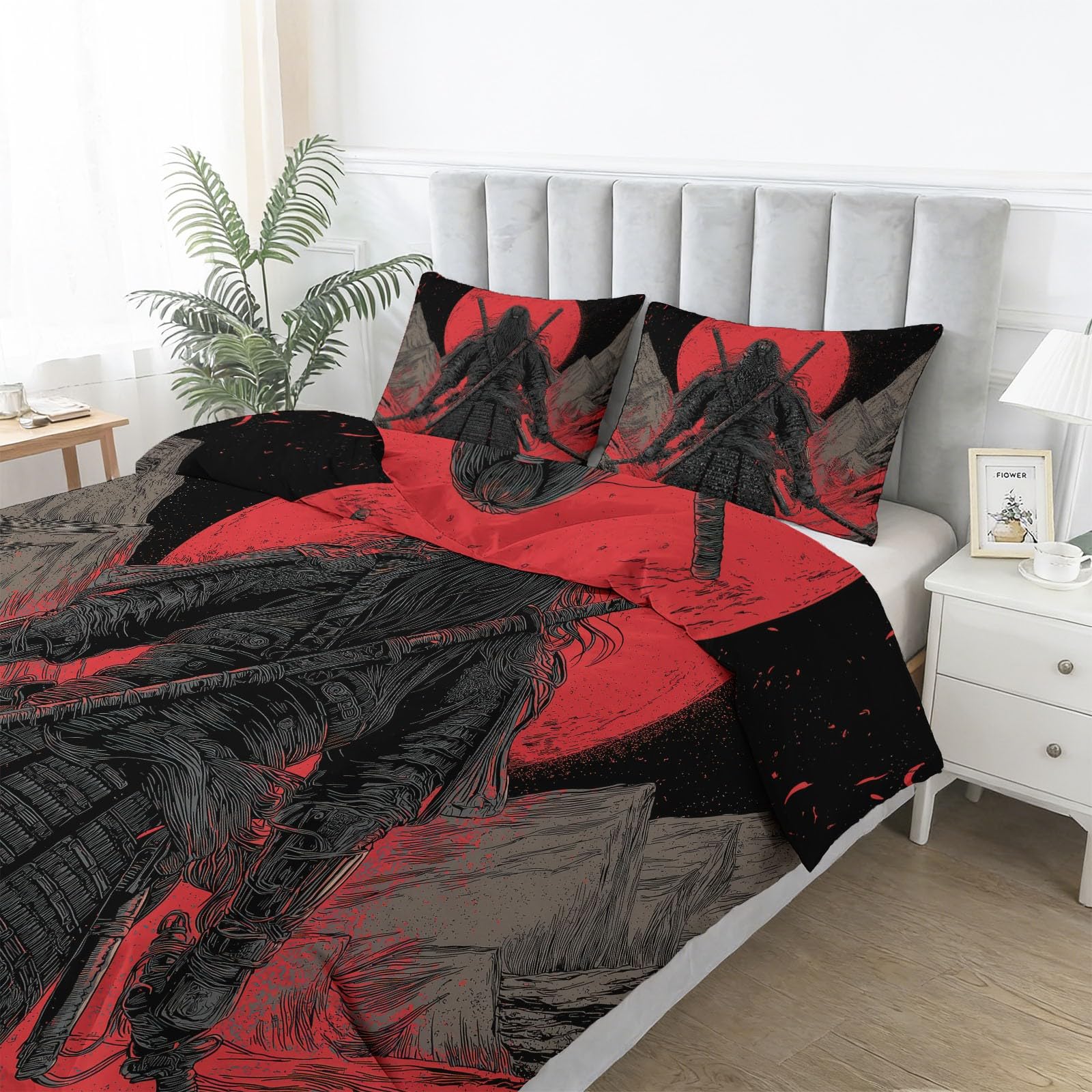 Poszewka na kołdrę z mikrofibry 180 x 200 cm z 2 poszewkami na poduszkę 80 x 80 cm, antypoślizgowa, z 4 narożnymi tasiemkami, wzór retro, samurajski Red Moon, czerwono-czarna