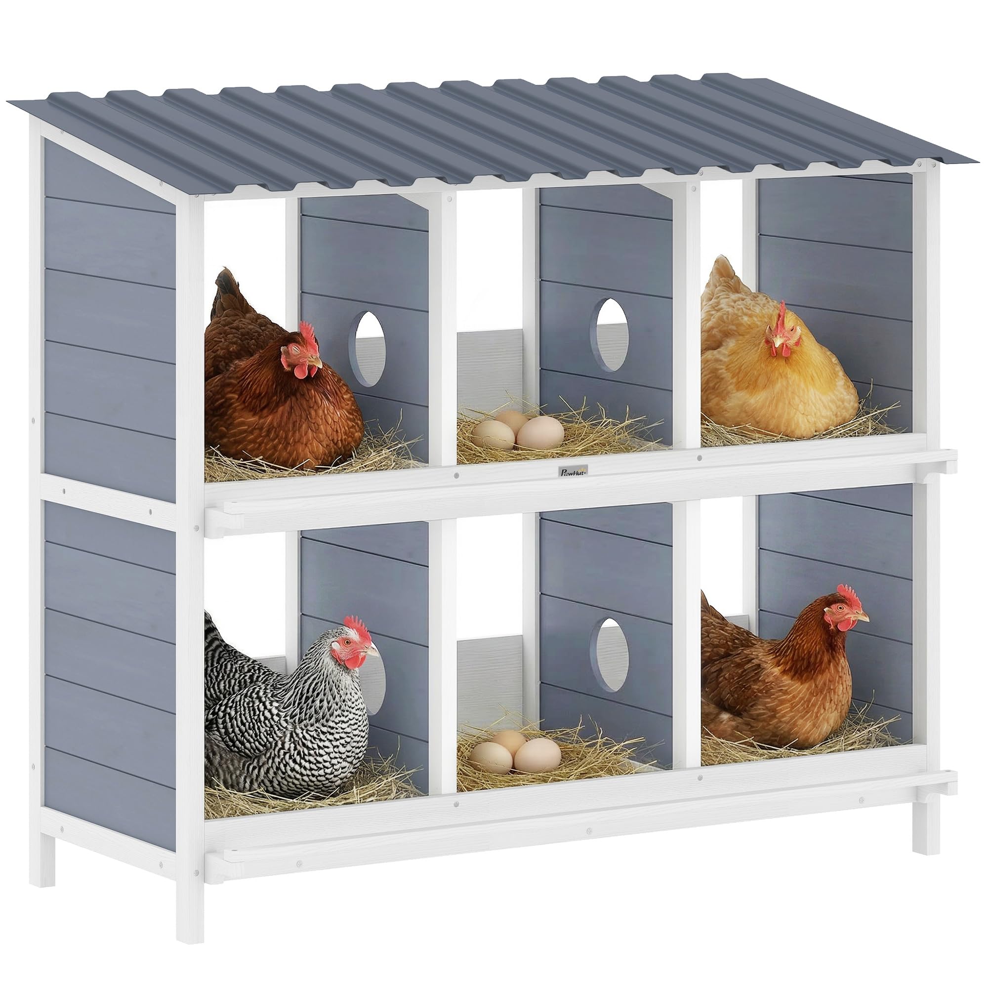 PawHut Nido para pollos, 6 compartimentos, 2 perchas 102 x 50 x 91 cm, color gris | Nido de pollo de madera resistente a la intemperie, techo de PET elevado para animales pequeños