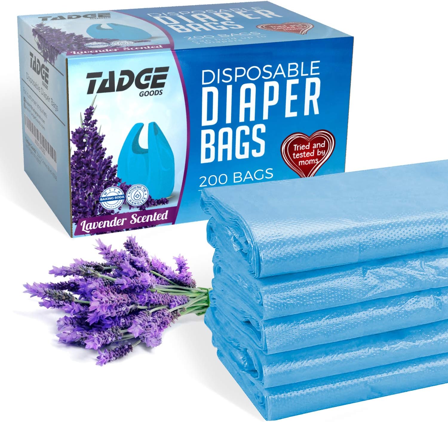 Tadge GoodsBaby Disposable Diaper Bags Scented with Lavender - Odor Absorber Biodegradable Plastic Diaper Sacks for Trash Bag Essential Items - Bags for Dirty Diapers - Refill 200 Count (Blue)