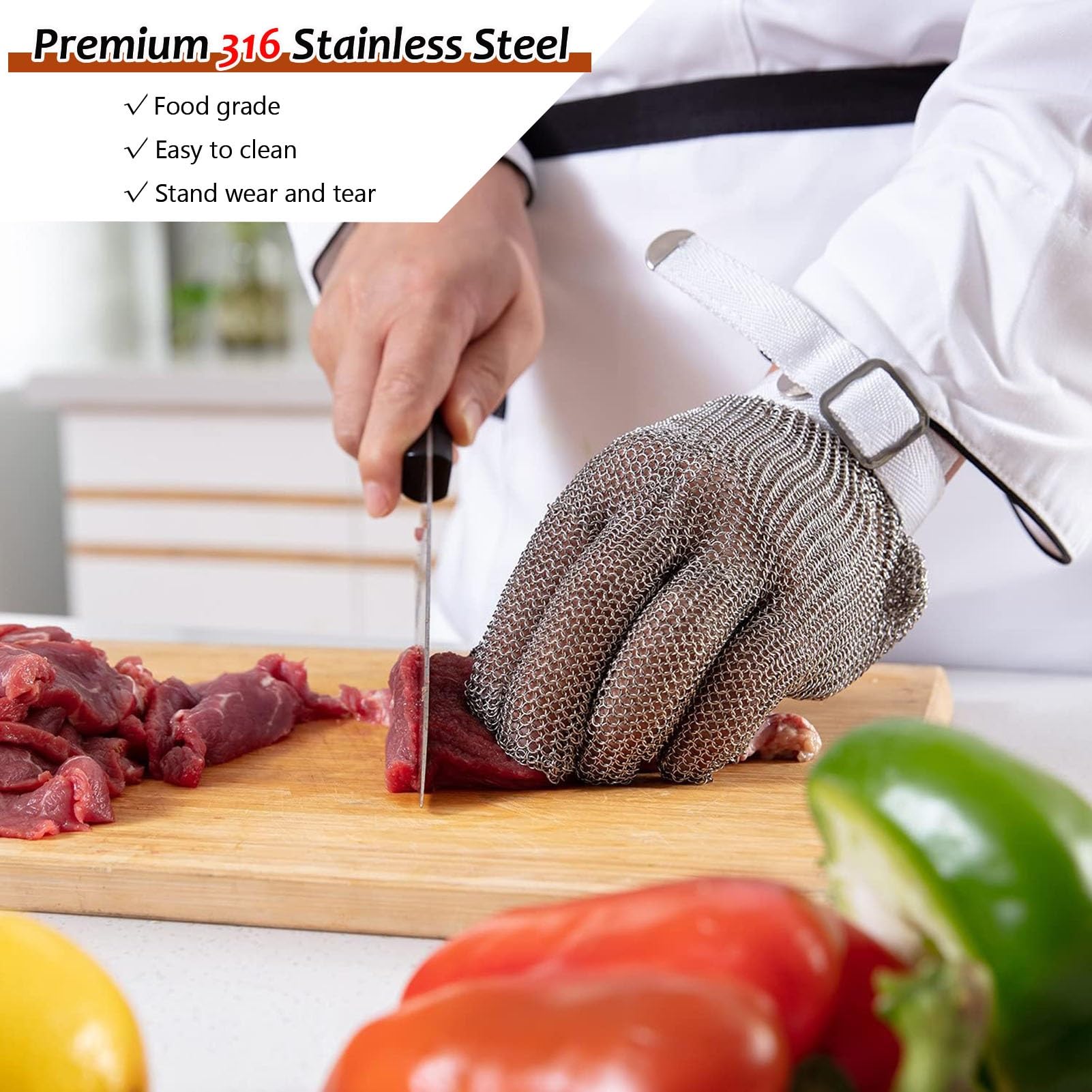 Guantes De Cota De Malla De Acero Inoxidable 316L Aptos Para Alimentos, Guantes A Prueba De Cortes Para Rebanar, Cortar En Cubitos, Carnicería, Uso En Cocina(2 pcs,XXS)